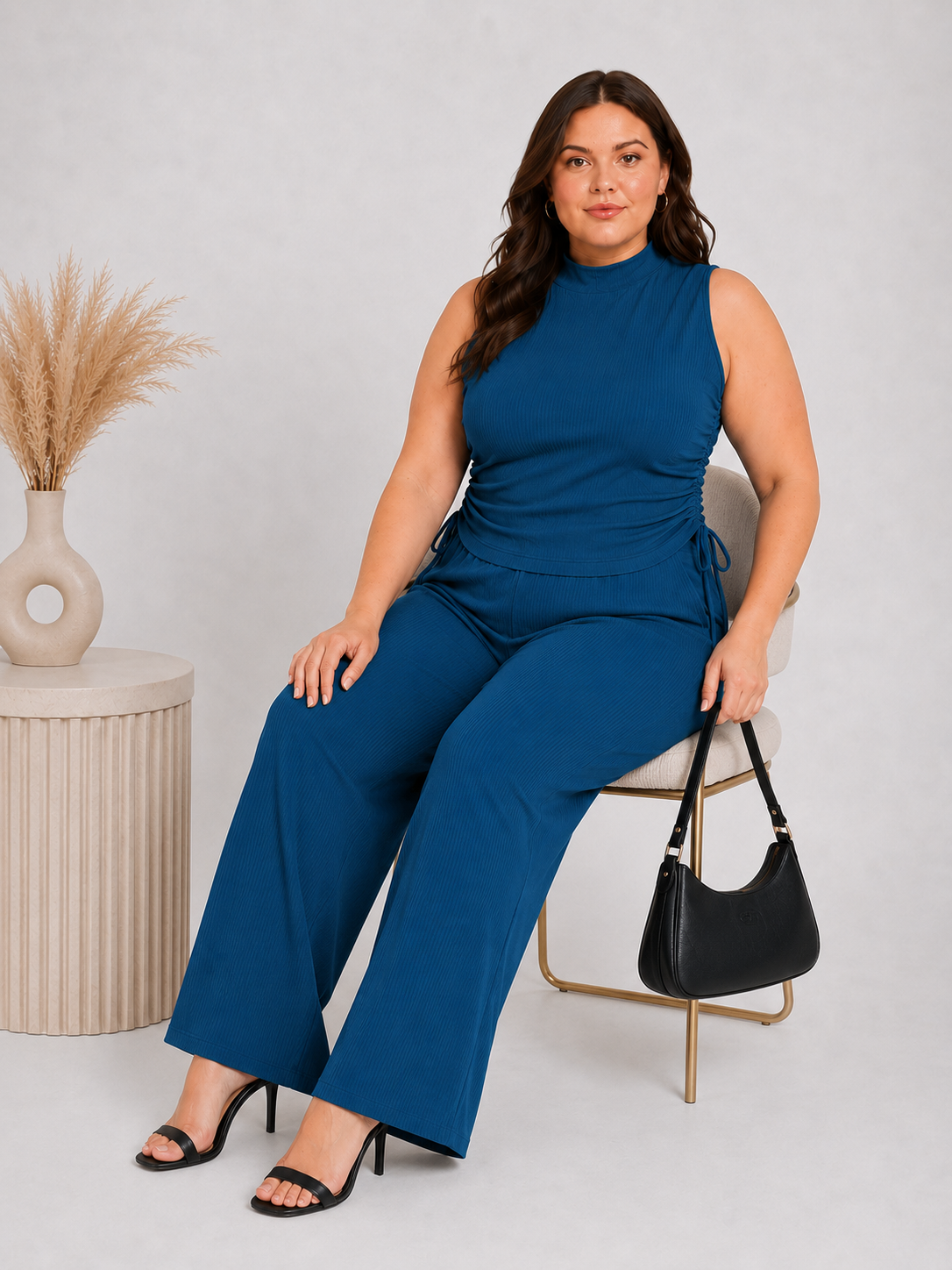 U&F Beyond Blue Solid Plus Size Top & Wide-Leg Trouser Co-Ord Set