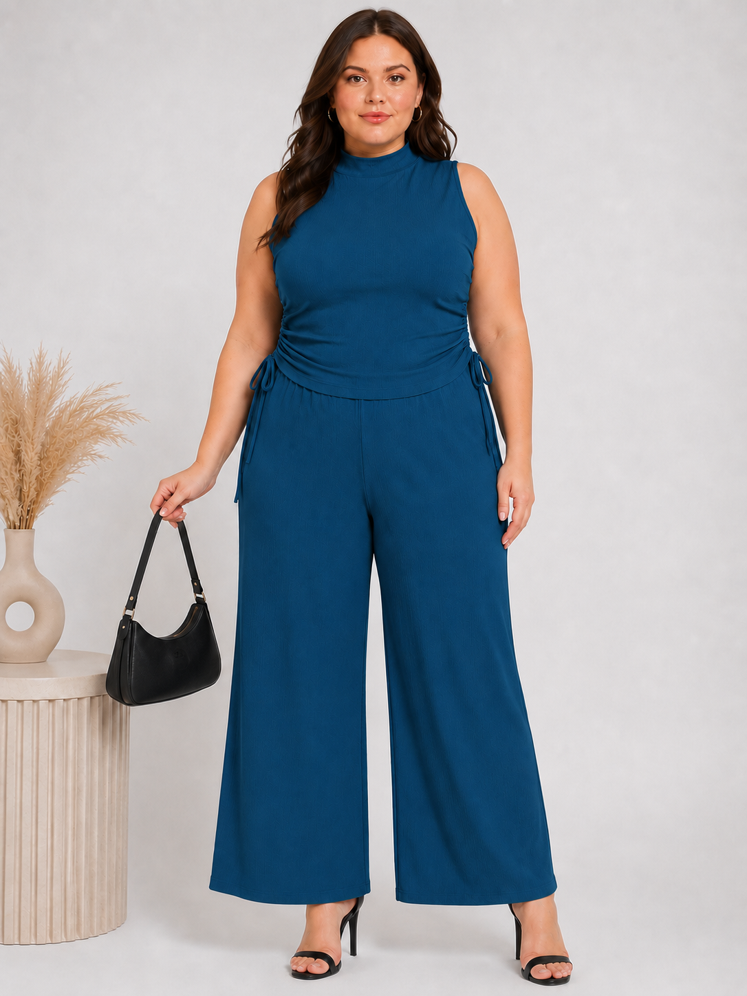 U&F Beyond Blue Solid Plus Size Top & Wide-Leg Trouser Co-Ord Set