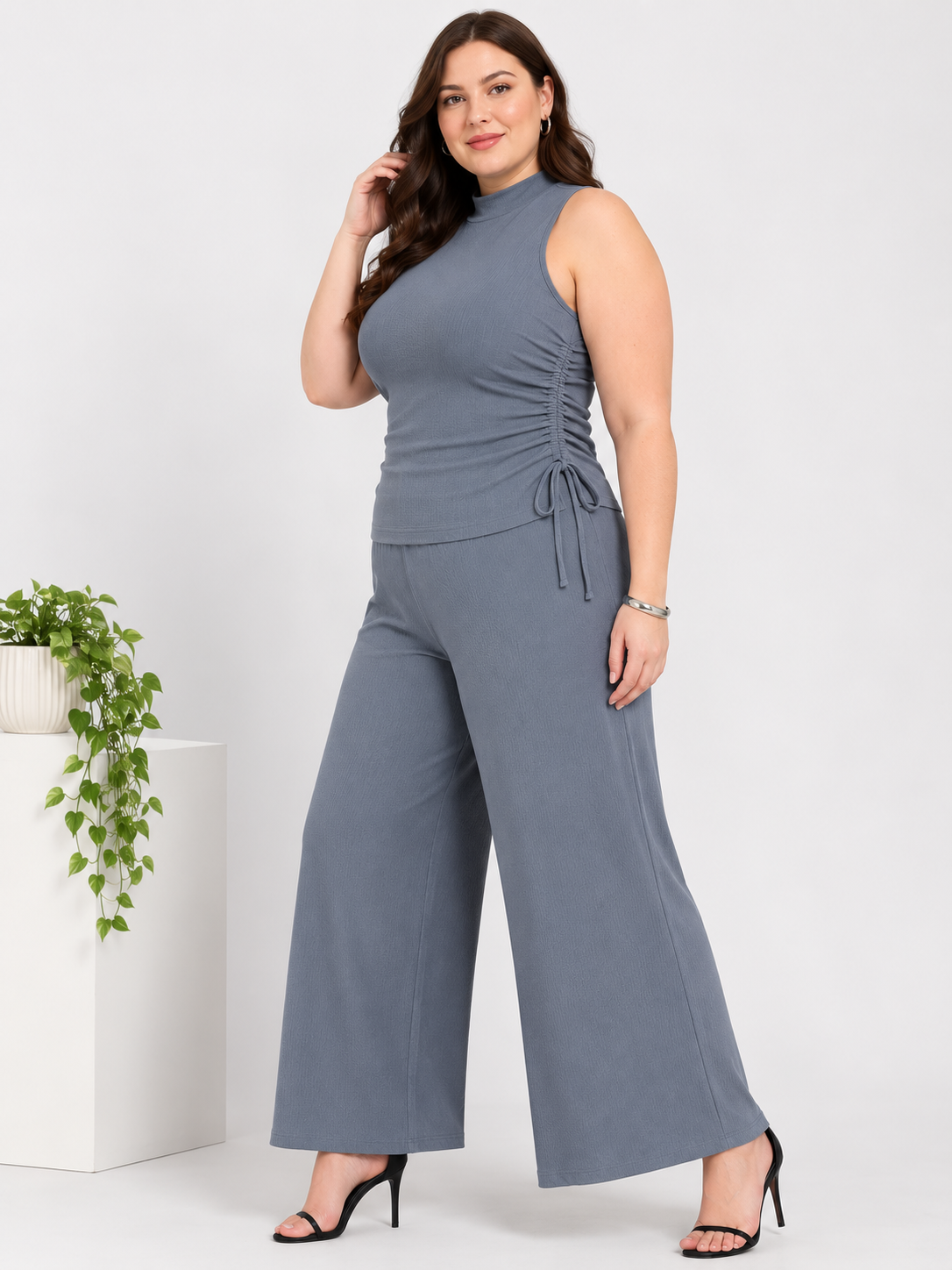 U&F Beyond Grey Solid Plus Size Top & Wide-Leg Trouser Co-Ord Set