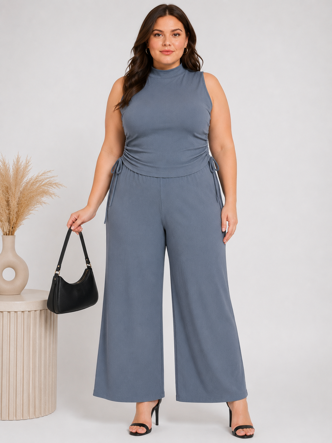 U&F Beyond Grey Solid Plus Size Top & Wide-Leg Trouser Co-Ord Set