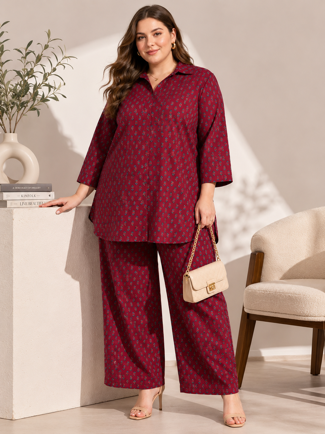 U&F Beyond Maroon Printed Shirt-Style Top & Wide-Leg Trouser Co-Ord Set
