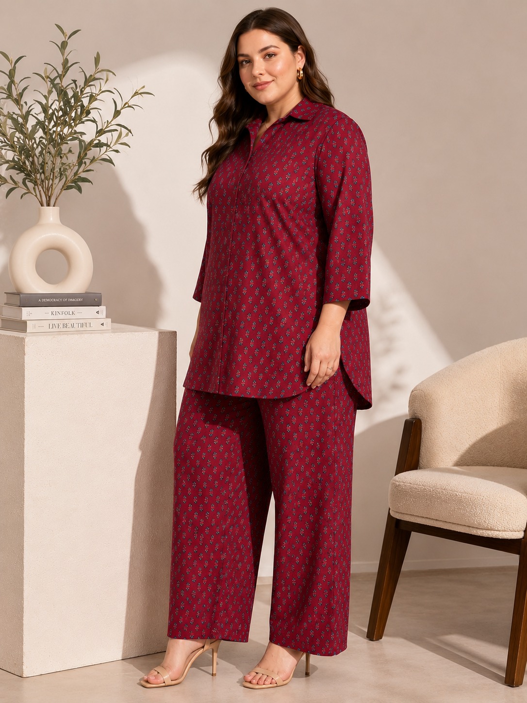 U&F Beyond Maroon Printed Shirt-Style Top & Wide-Leg Trouser Co-Ord Set