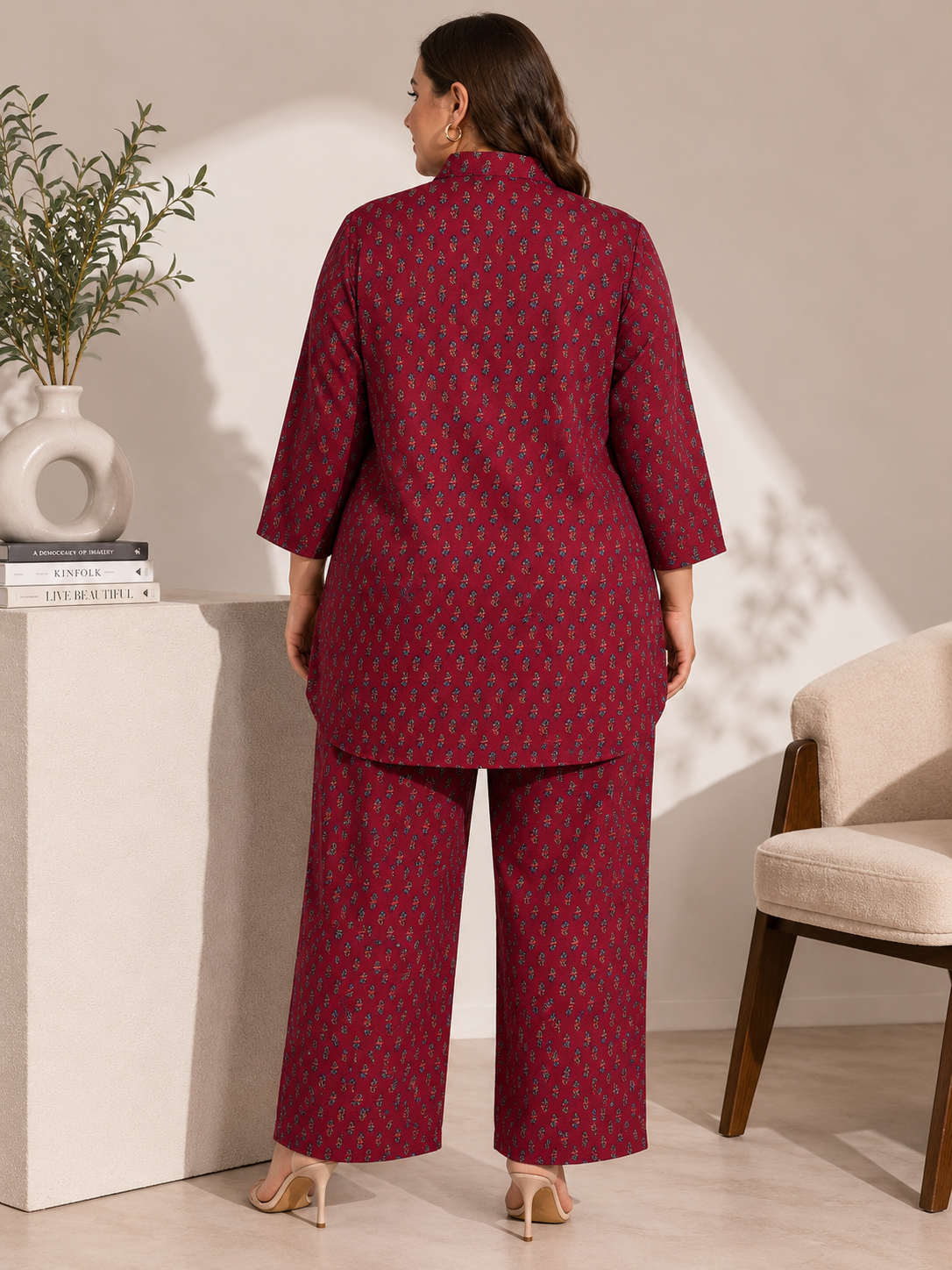U&F Beyond Maroon Printed Shirt-Style Top & Wide-Leg Trouser Co-Ord Set