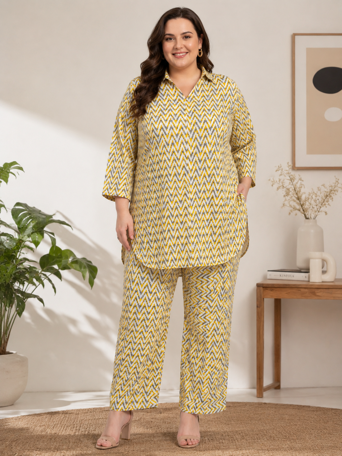 U&F Beyond Plus Size Yellow Geometric Printed Co-Ord Set