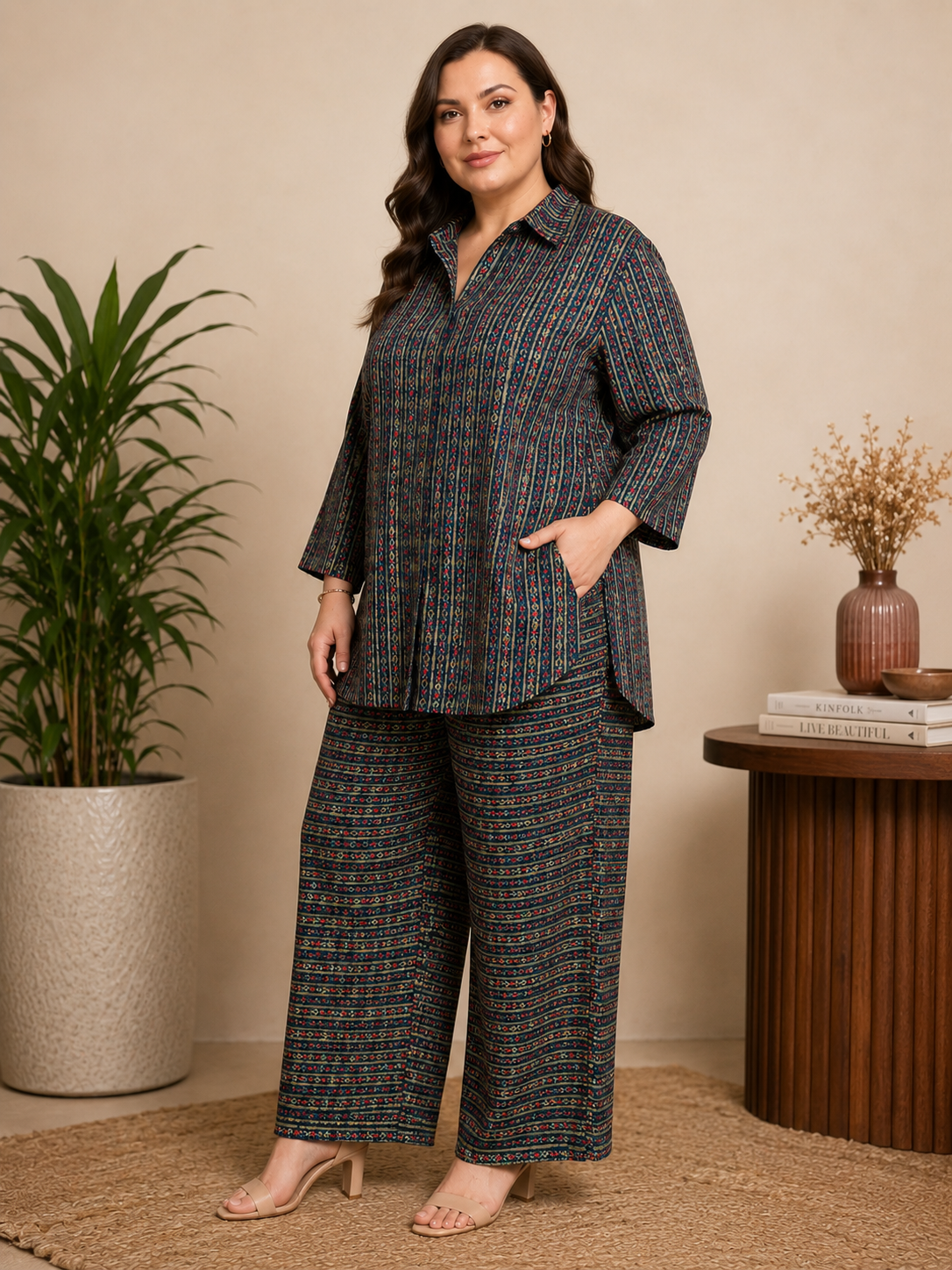 U&F Beyond Women Plus Size Navy Blue Ethnic Motif Printed Co-Ord Set