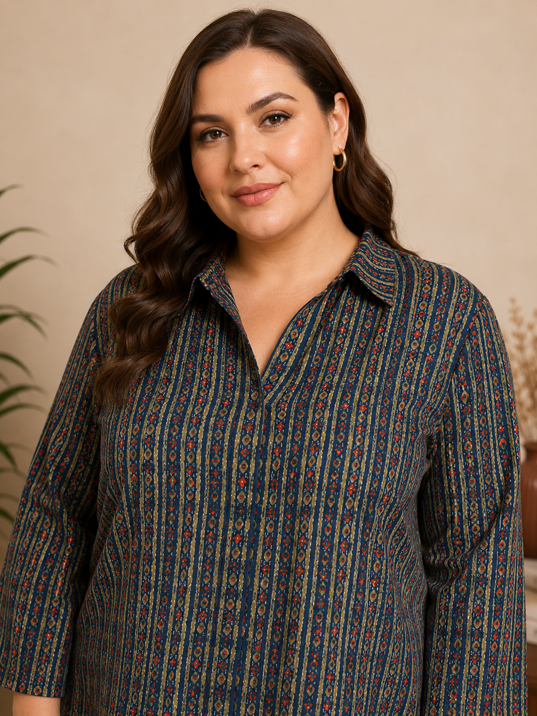 U&F Beyond Women Plus Size Navy Blue Ethnic Motif Printed Co-Ord Set