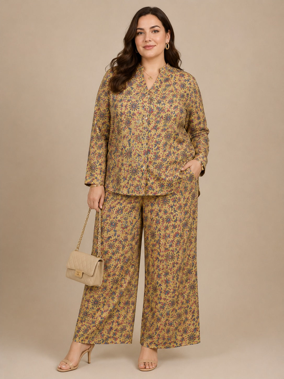 U&F Beyond Women Plus Size Floral Printed Co-Ord Set with Shirt Top & Wide Leg Trouser