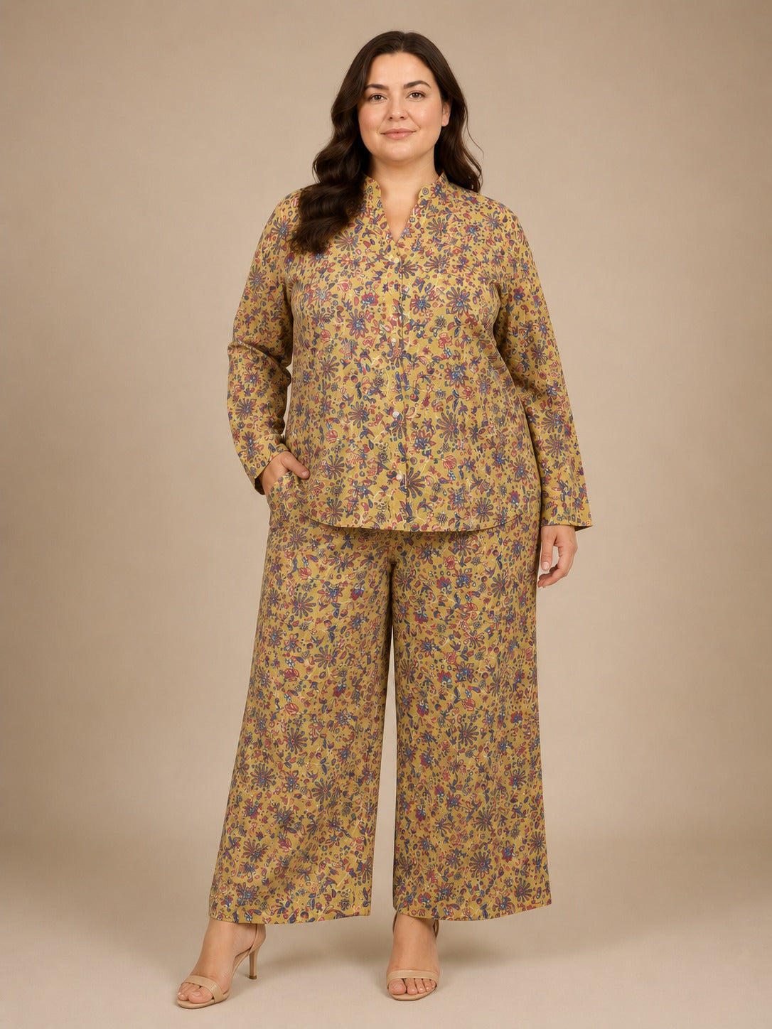 U&F Beyond Women Plus Size Floral Printed Co-Ord Set with Shirt Top & Wide Leg Trouser