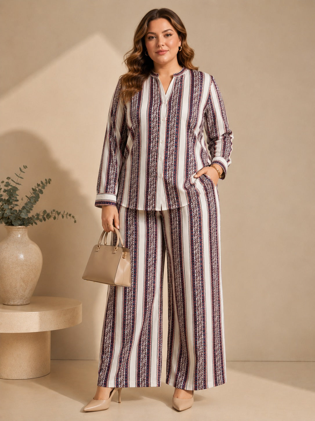 U&F Beyond Women Plus Size Striped Printed Co-Ord Set with Shirt Top & Wide Leg Trouser
