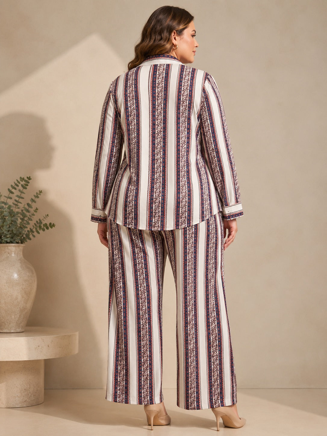 U&F Beyond Women Plus Size Striped Printed Co-Ord Set with Shirt Top & Wide Leg Trouser