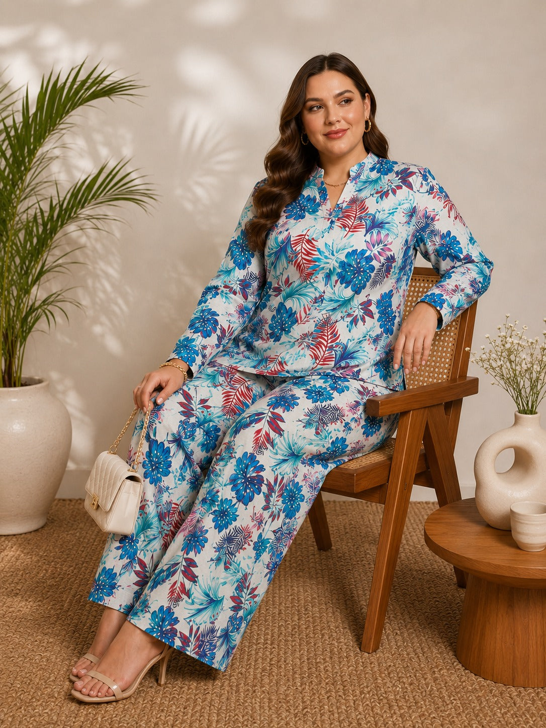 U&F Beyond Women Plus Size Floral Printed 100% Cotton Co-Ord Set with Shirt Top & Wide Leg Trouser