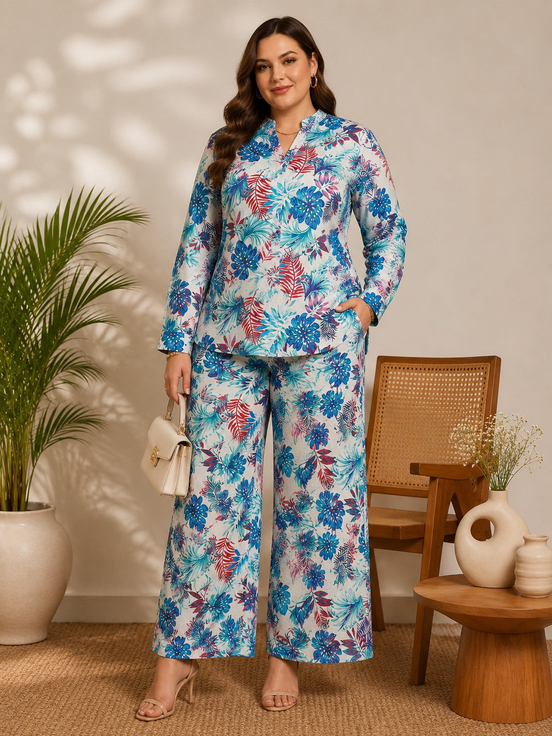 U&F Beyond Women Plus Size Floral Printed 100% Cotton Co-Ord Set with Shirt Top & Wide Leg Trouser