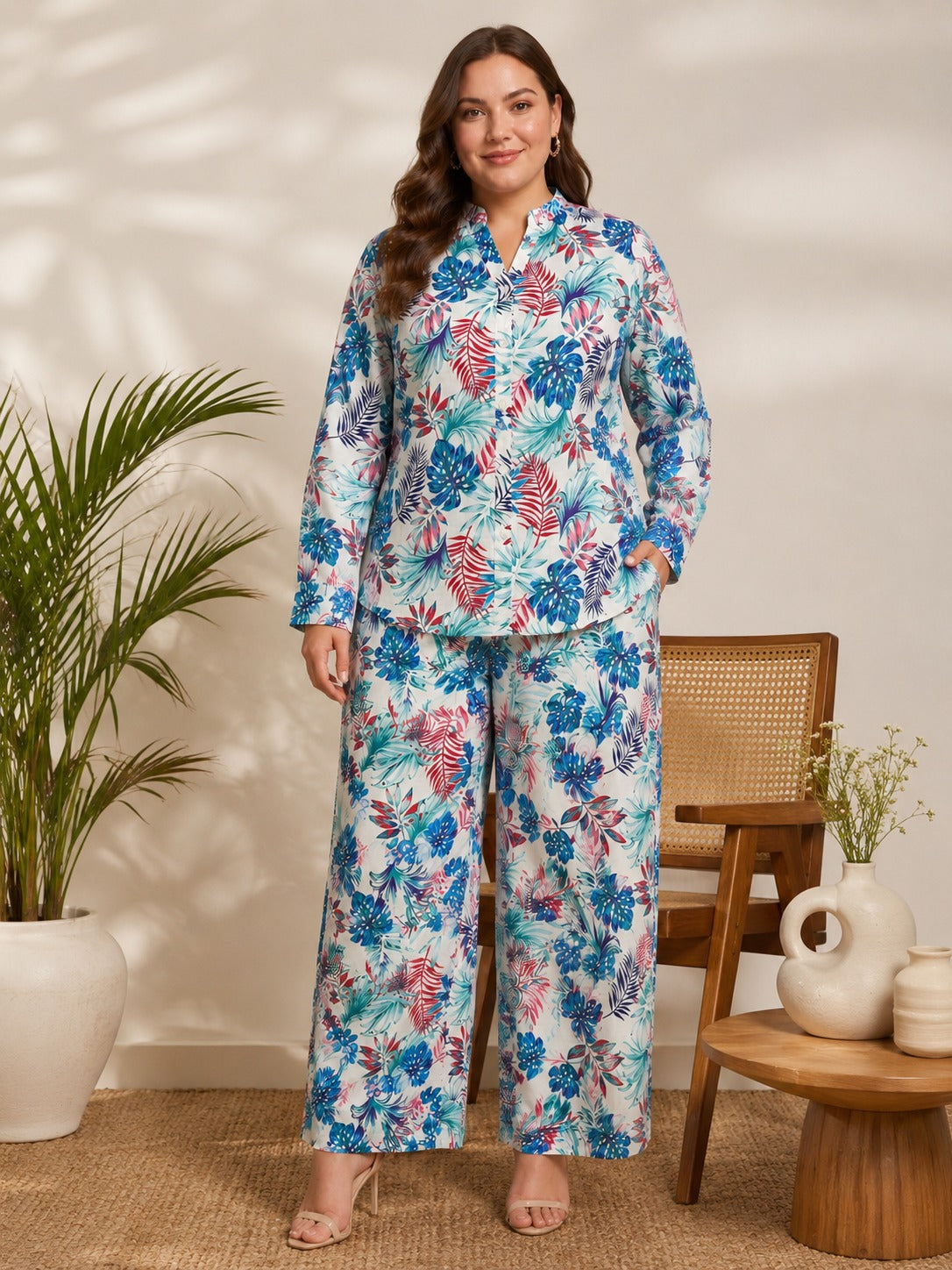 U&F Beyond Women Tropical Leaf & Floral Printed 100% Cotton Co-Ord Set with Shirt Top & Wide Leg Trousers