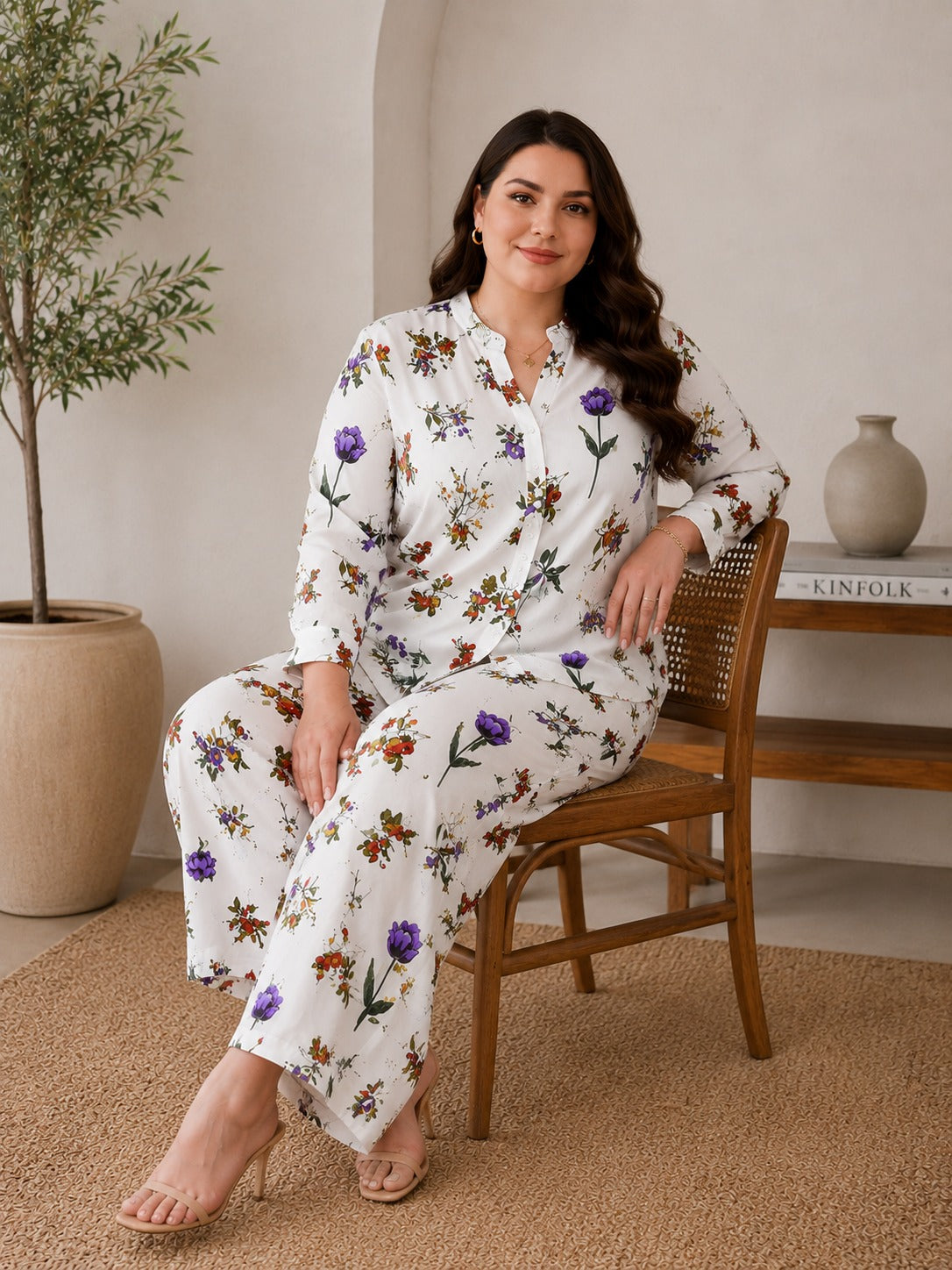 U&F Beyond Women Plus Size White Floral Printed 100% Cotton Co-Ord Set with Shirt Top & Straight Pant