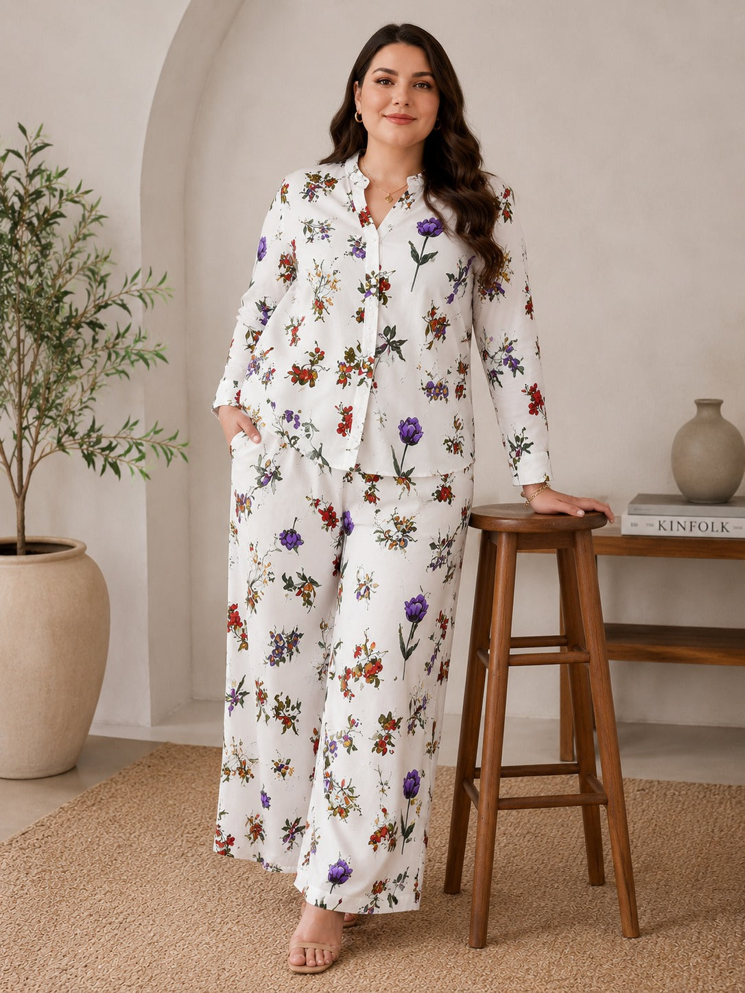 U&F Beyond Women Plus Size White Floral Printed 100% Cotton Co-Ord Set with Shirt Top & Straight Pant