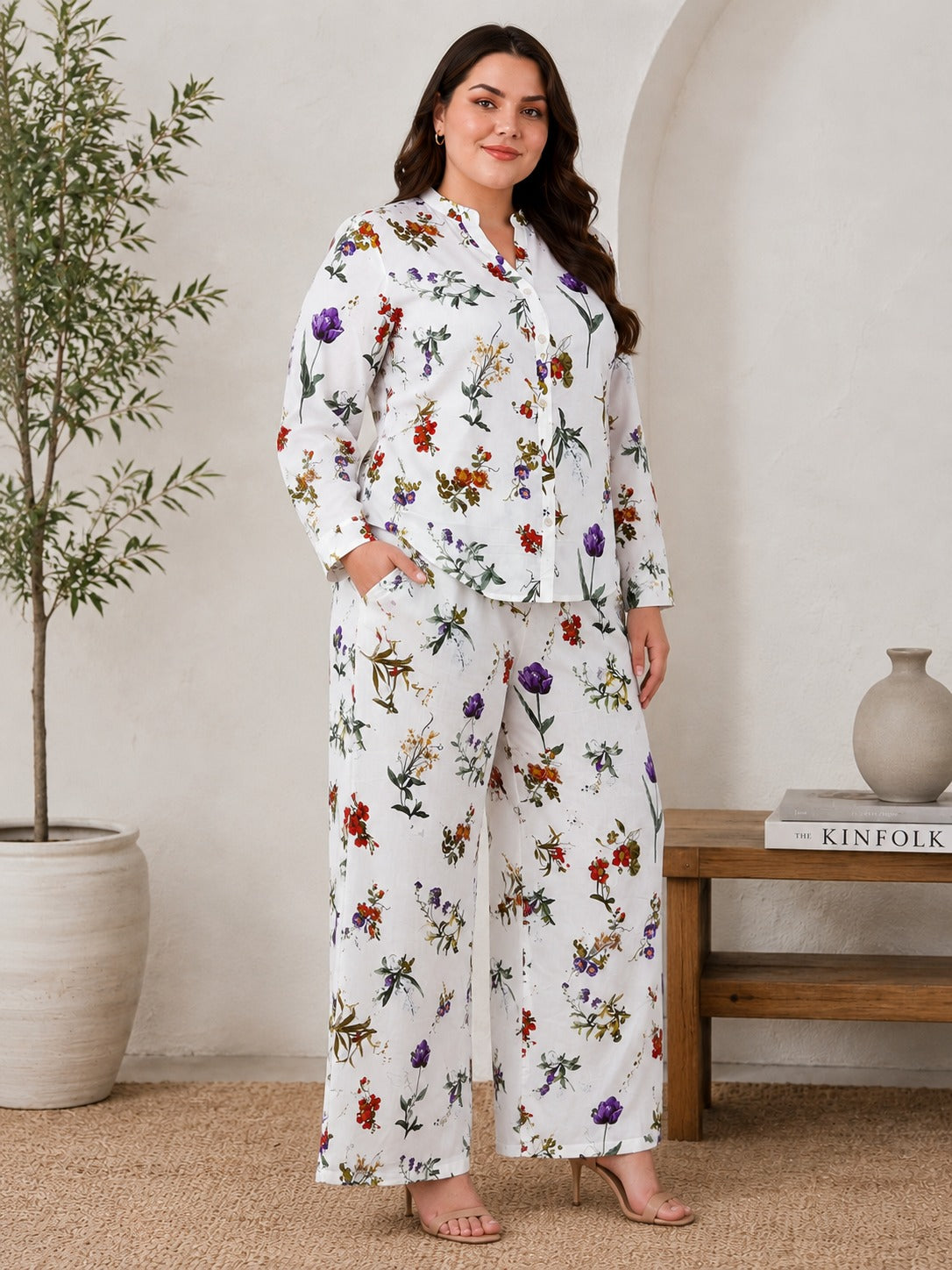 U&F Beyond Women Plus Size White Floral Printed 100% Cotton Co-Ord Set with Shirt Top & Straight Pant