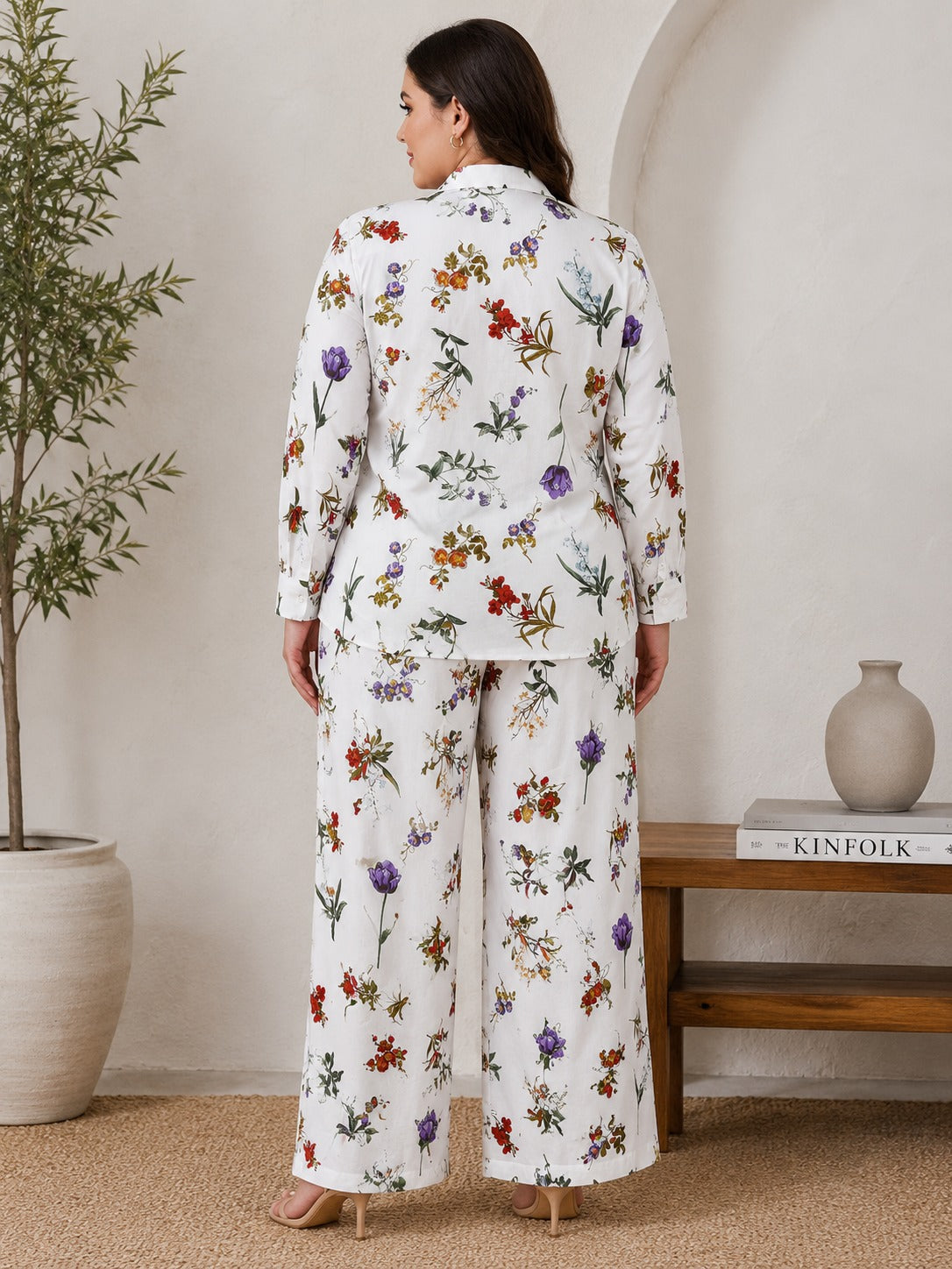 U&F Beyond Women Plus Size White Floral Printed 100% Cotton Co-Ord Set with Shirt Top & Straight Pant