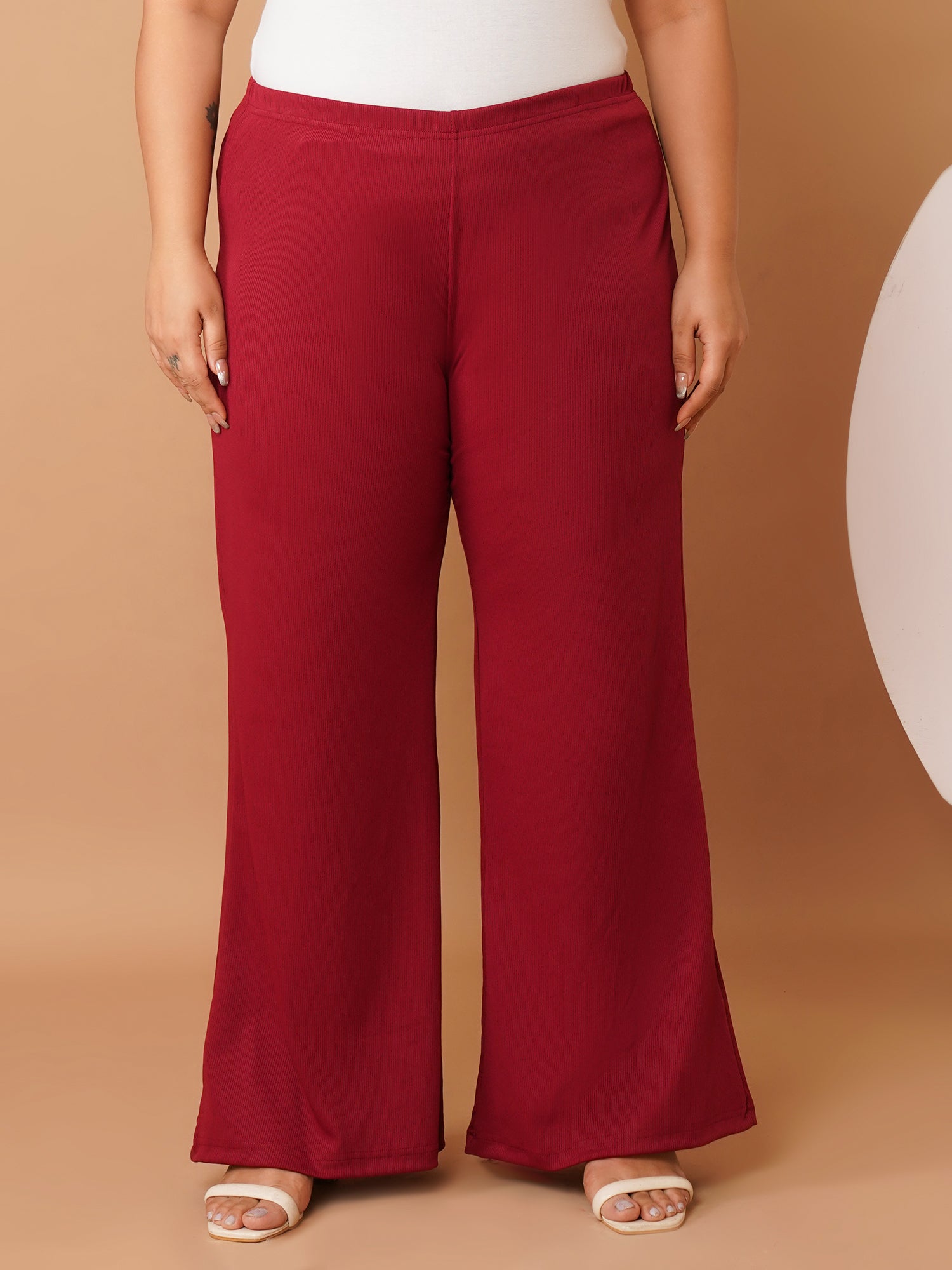 U&F Beyond Women Plus Size Maroon Solid Wide-Leg Trouser