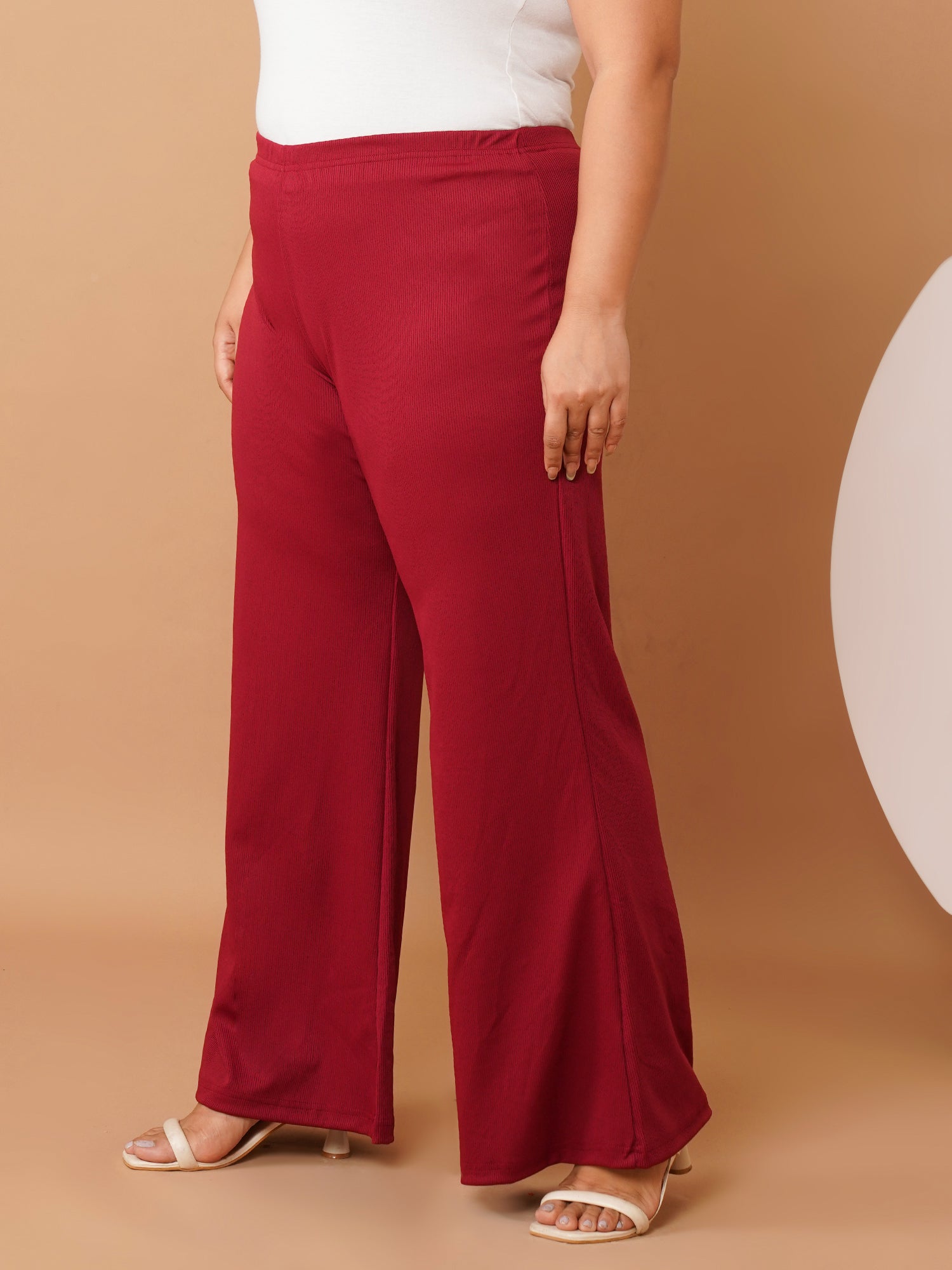 U&F Beyond Women Plus Size Maroon Solid Wide-Leg Trouser