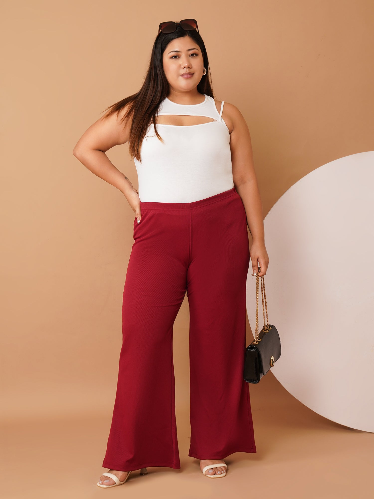 U&F Beyond Women Plus Size Maroon Solid Wide-Leg Trouser