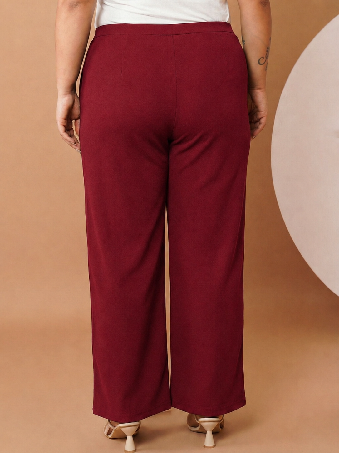 U&F Beyond Maroon Textured Poly Elastane Plus Size Wide-Leg Trousers