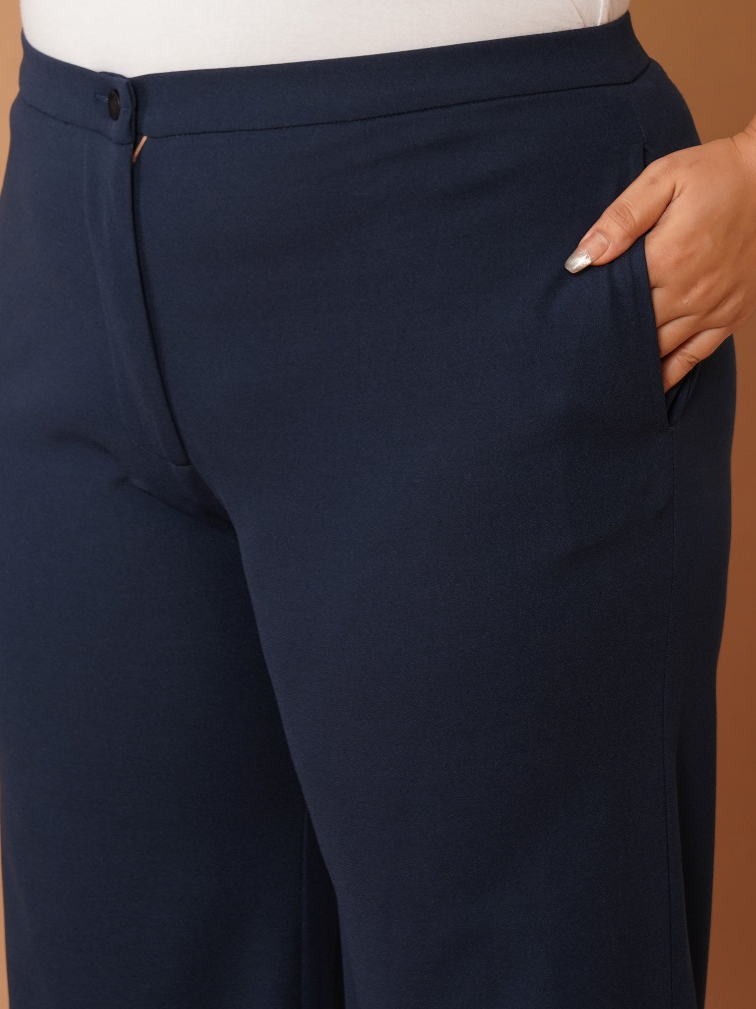 U&F Beyond Plus Size Women’s Solid Navy Straight-Leg Stretch Trousers with Button Waist | 3XL–6XL