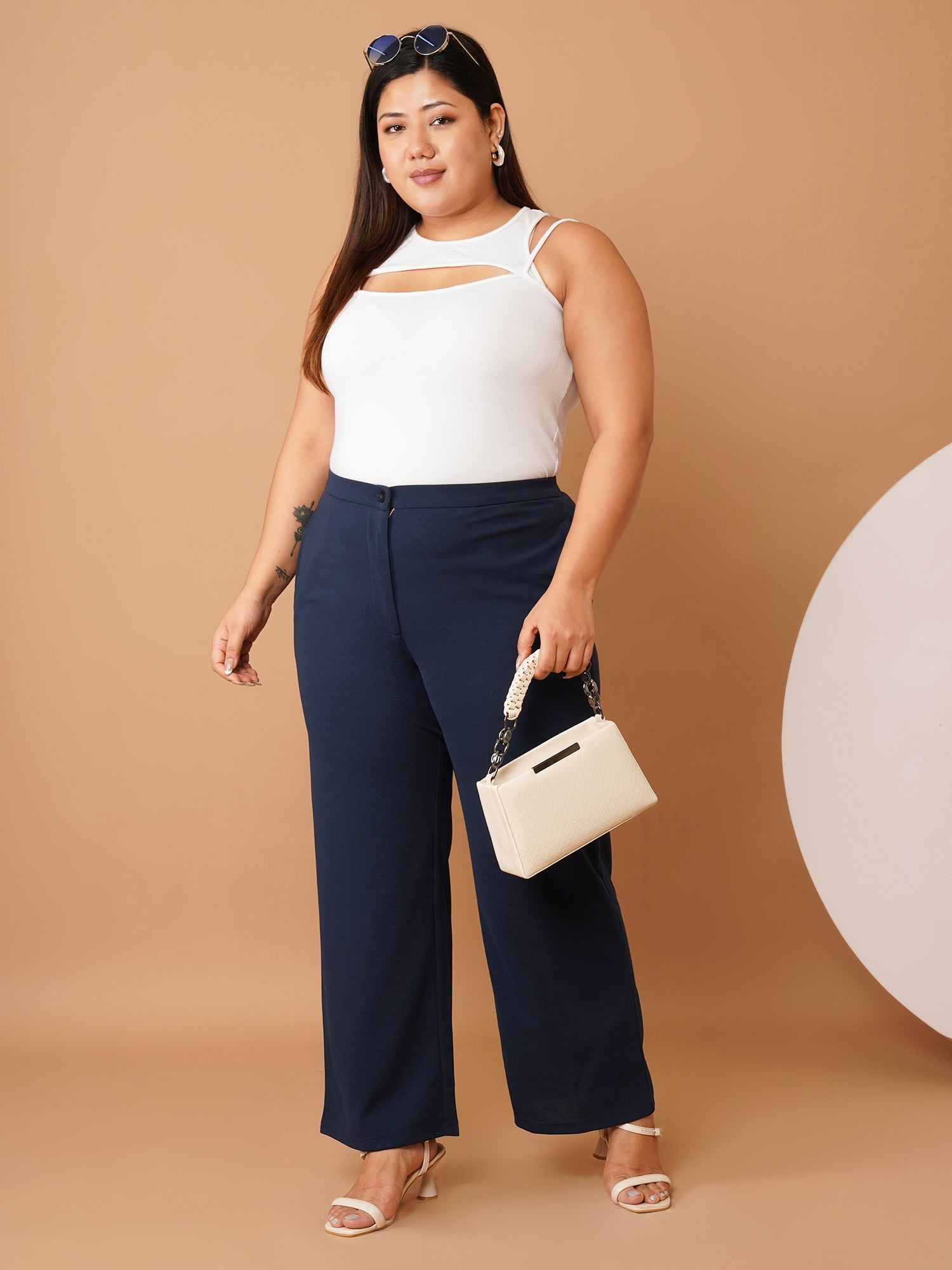 U&F Beyond Plus Size Women’s Solid Navy Straight-Leg Stretch Trousers with Button Waist | 3XL–6XL