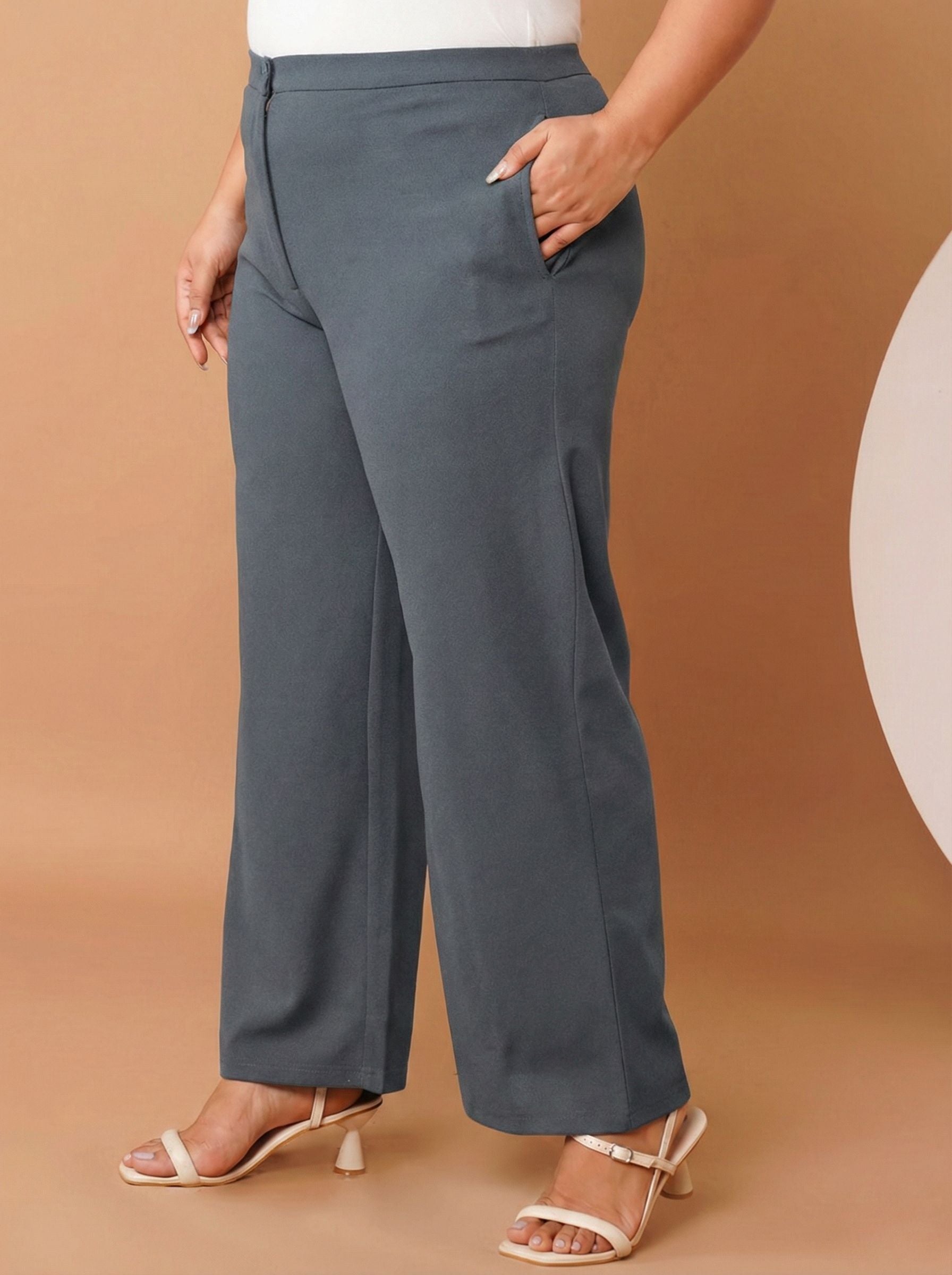 U&F Beyond Women Solid Grey Straight Fit Easy Wash Trousers