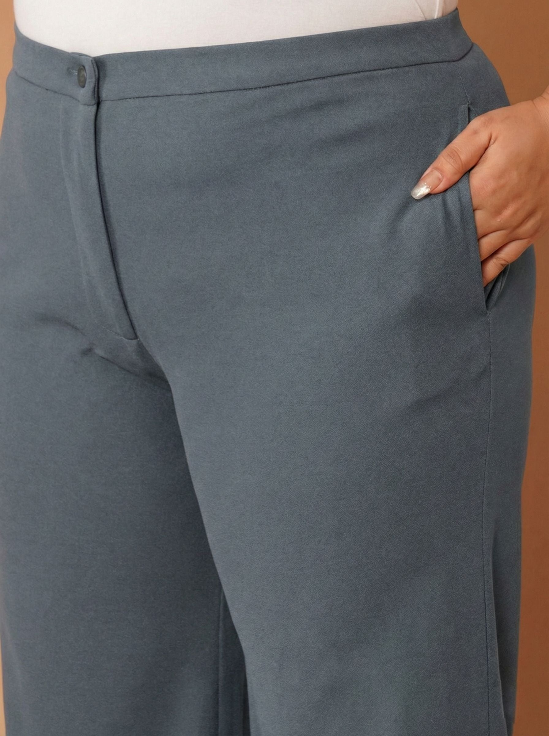 U&F Beyond Women Solid Grey Straight Fit Easy Wash Trousers