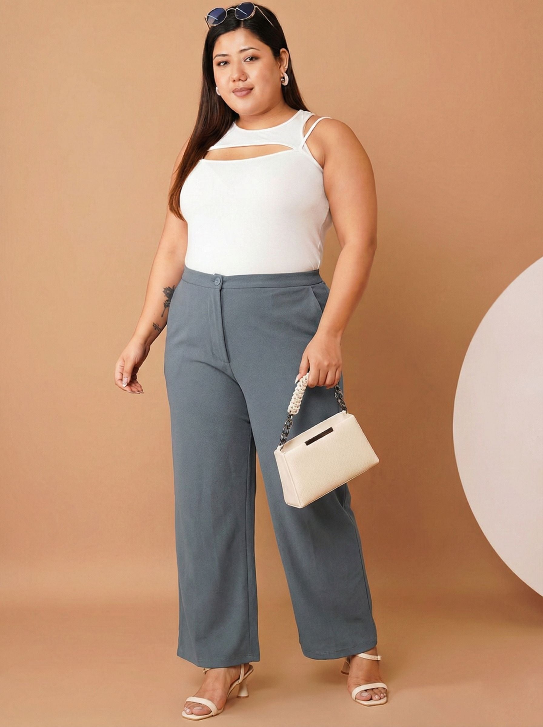 U&F Beyond Women Solid Grey Straight Fit Easy Wash Trousers