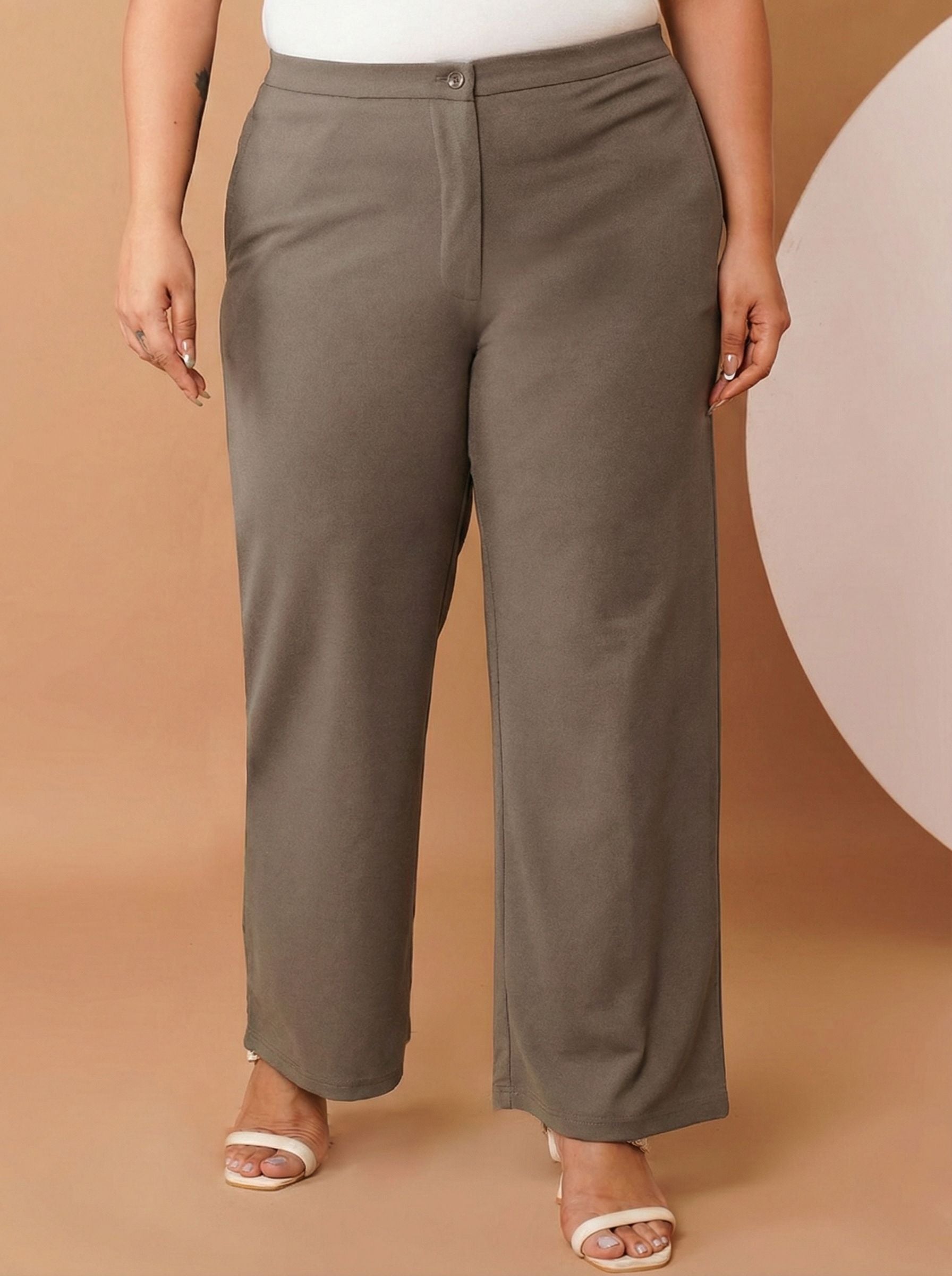 U&F Beyond Women Solid Brown Straight Fit Easy Wash Trousers