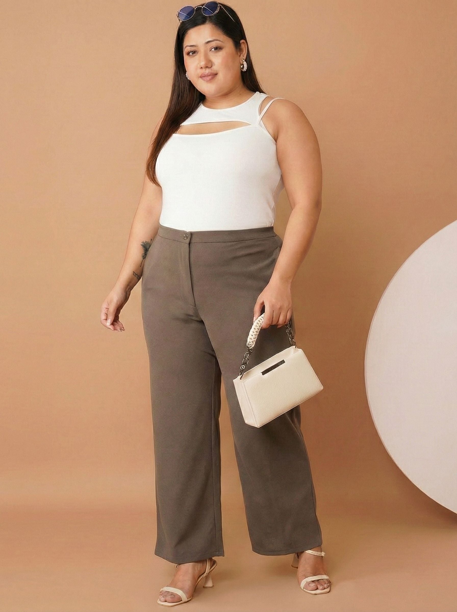 U&F Beyond Women Solid Brown Straight Fit Easy Wash Trousers