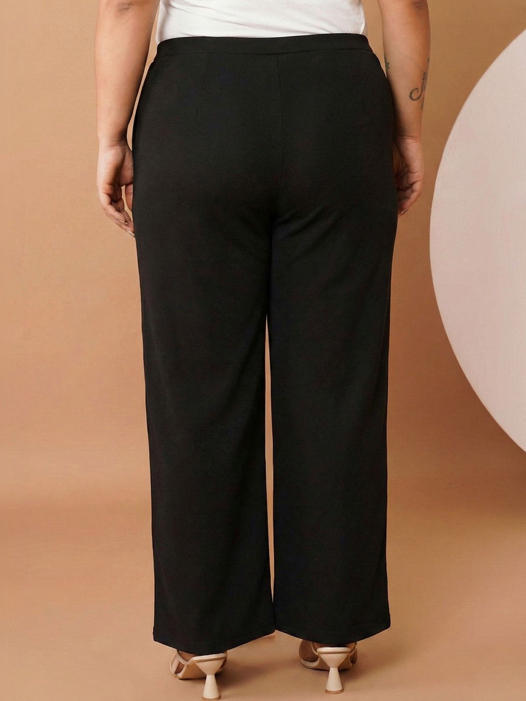 U&F Beyond Women Solid Black Relaxed Straight Leg Trousers