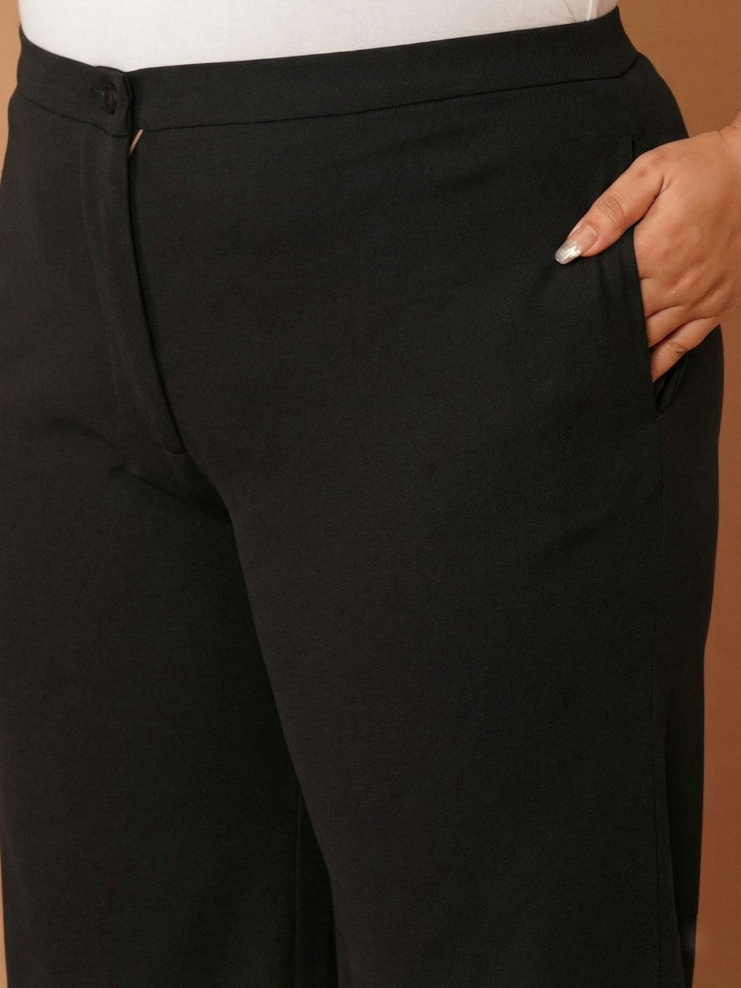 U&F Beyond Women Solid Black Relaxed Straight Leg Trousers