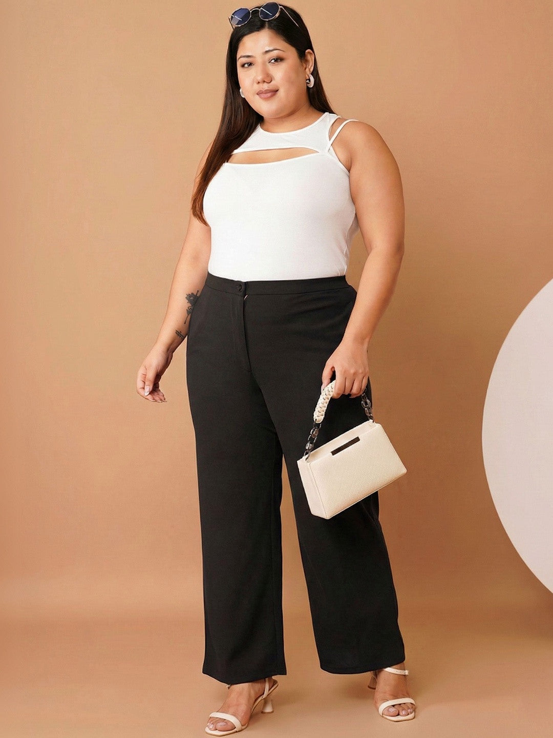 U&F Beyond Women Solid Black Relaxed Straight Leg Trousers