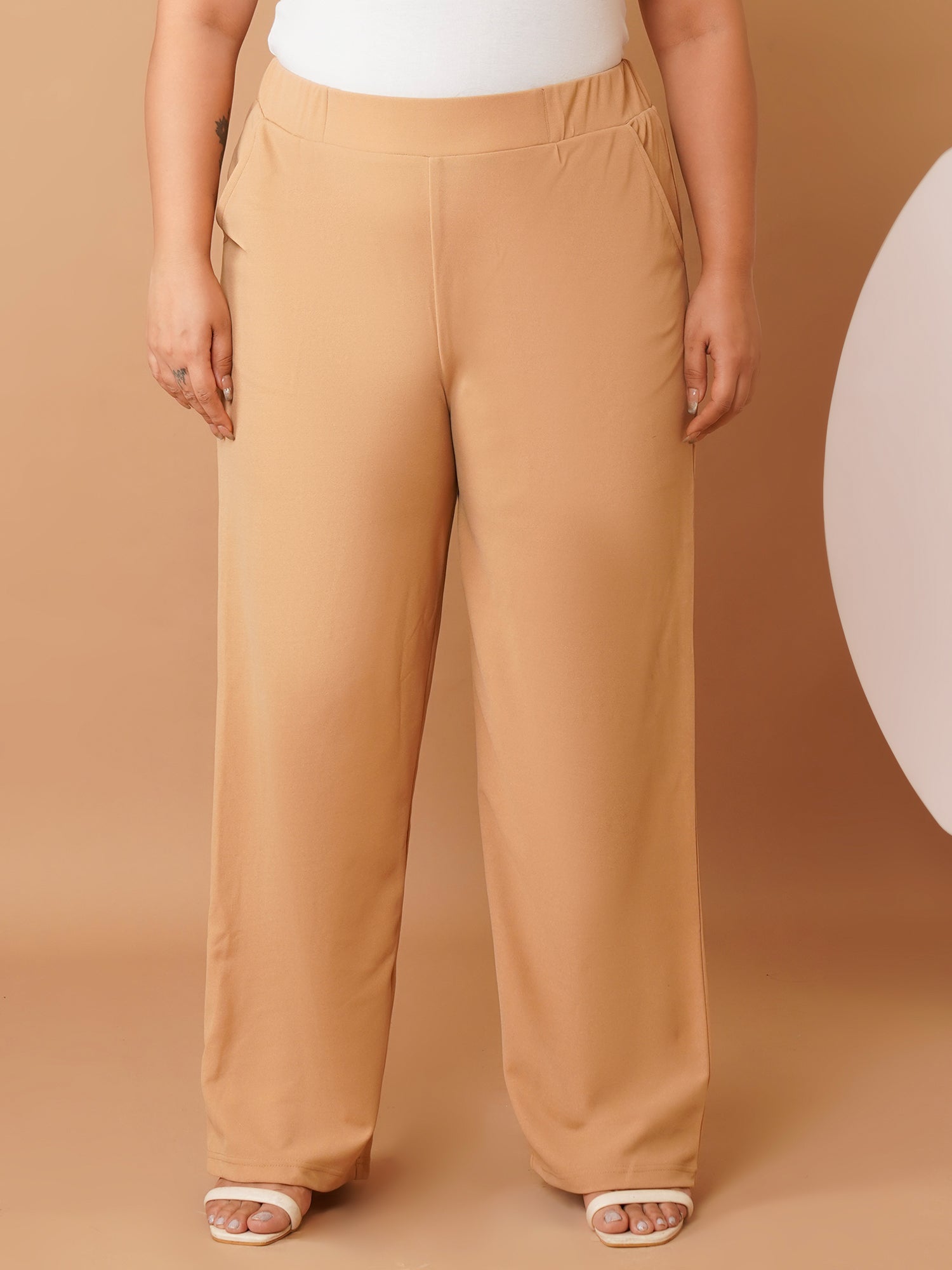 U&F Beyond Plus Size Women’s Solid Beige Straight-Leg Stretch Trousers with Elastic Waistband | 3XL–6XL