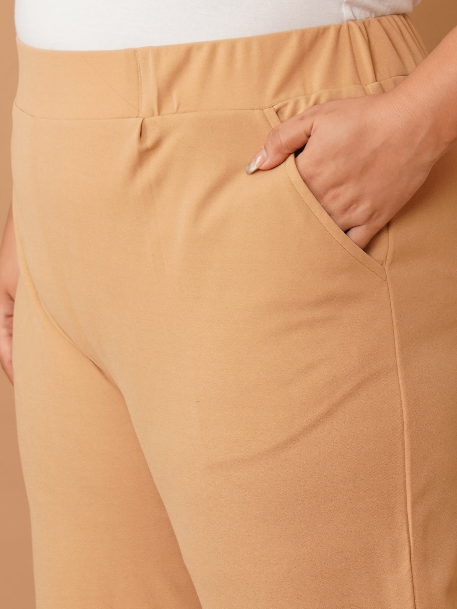 U&F Beyond Plus Size Women’s Solid Beige Straight-Leg Stretch Trousers with Elastic Waistband | 3XL–6XL