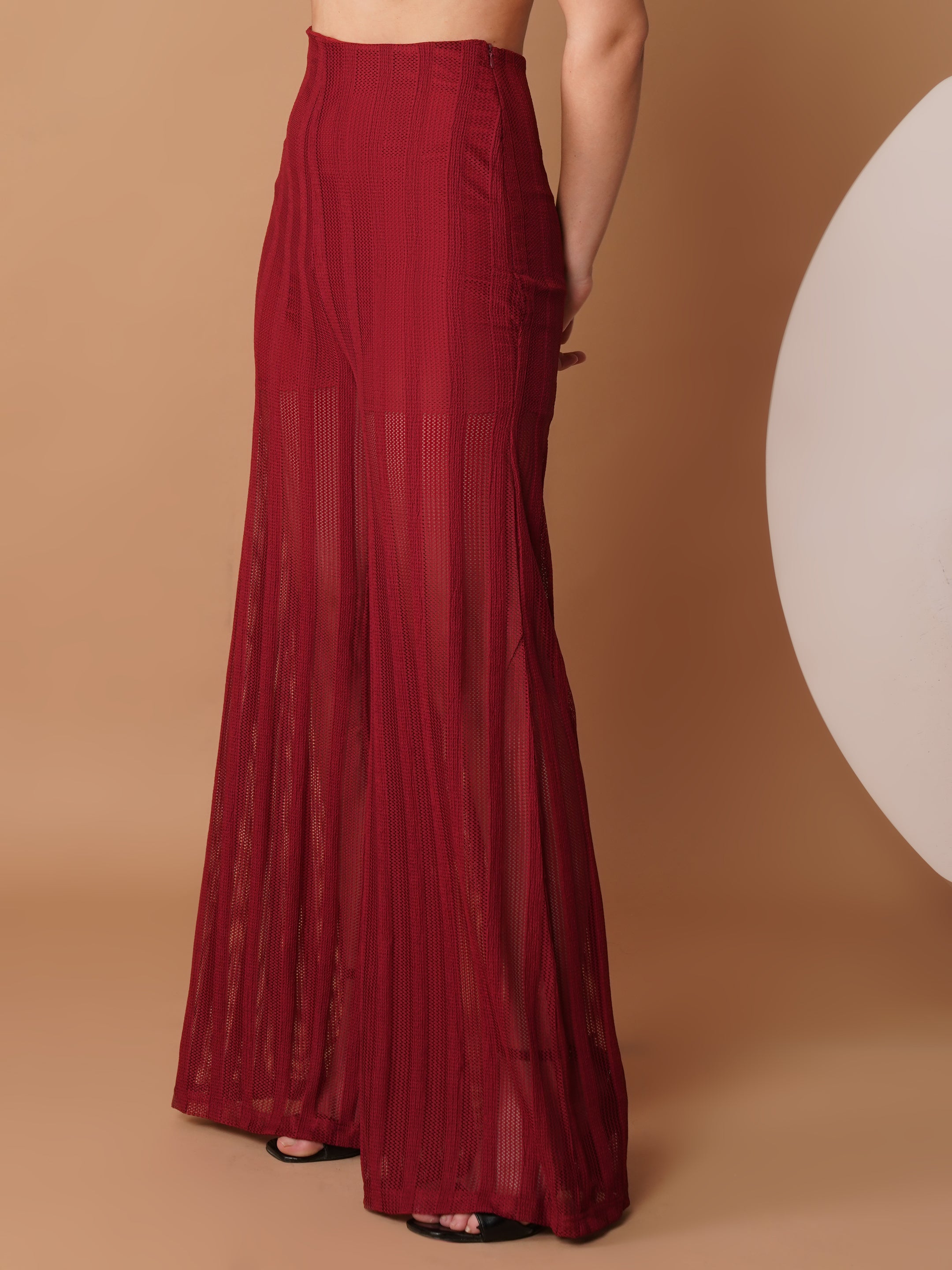 U&F Maroon Sheer Wide-Leg High-Rise Trousers