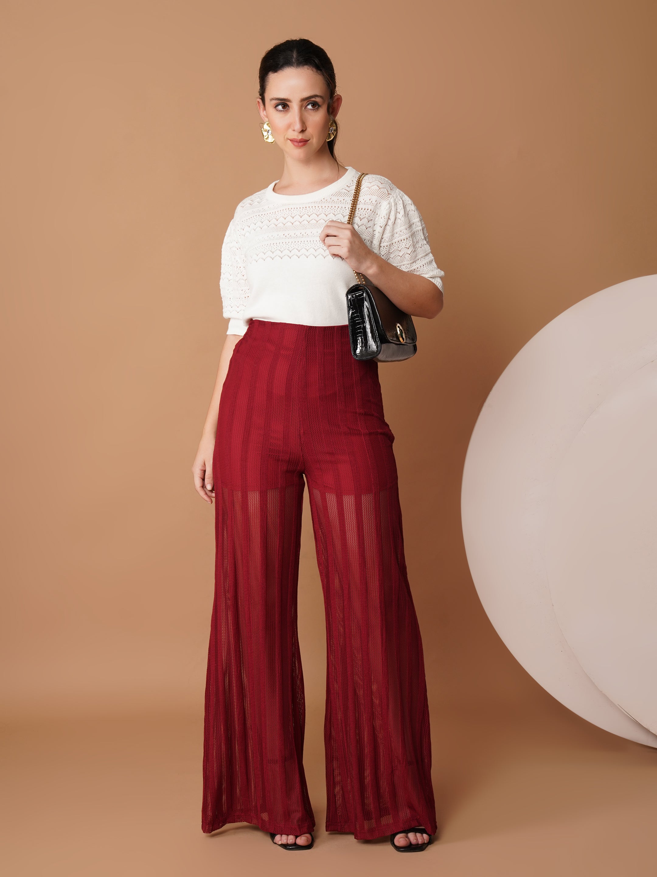 U&F Maroon Sheer Wide-Leg High-Rise Trousers
