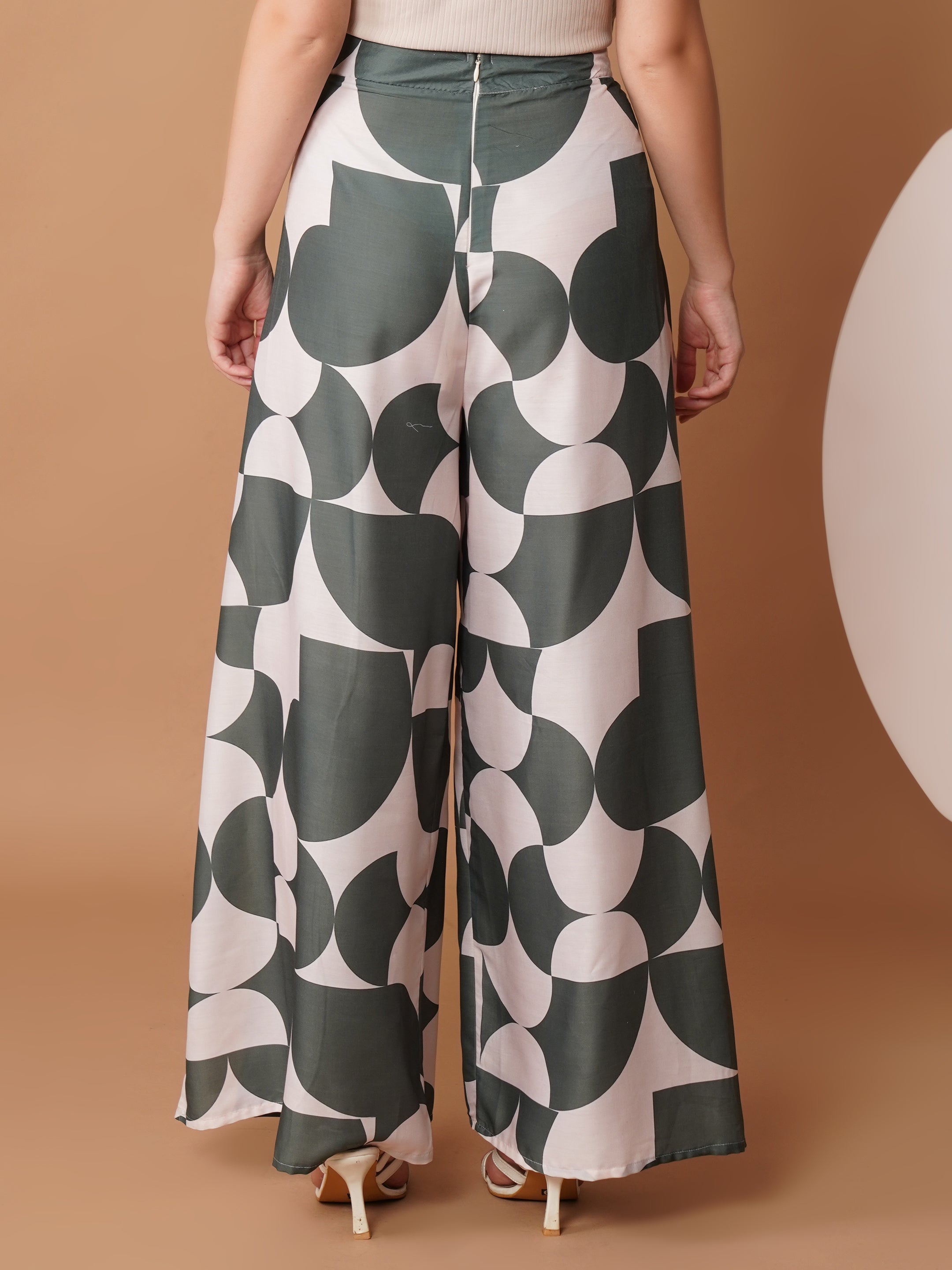 U&F Green & White Abstract Print Slit Palazzo