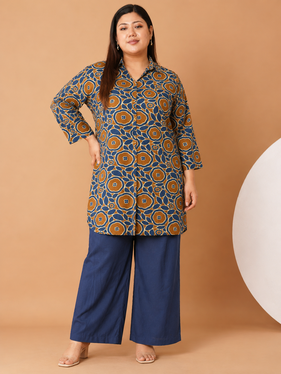 U&F Beyond Women Plus-Size Rust Brown & Navy Blue Geometric Printed Cotton Kurta with Wide-Leg Pants Set