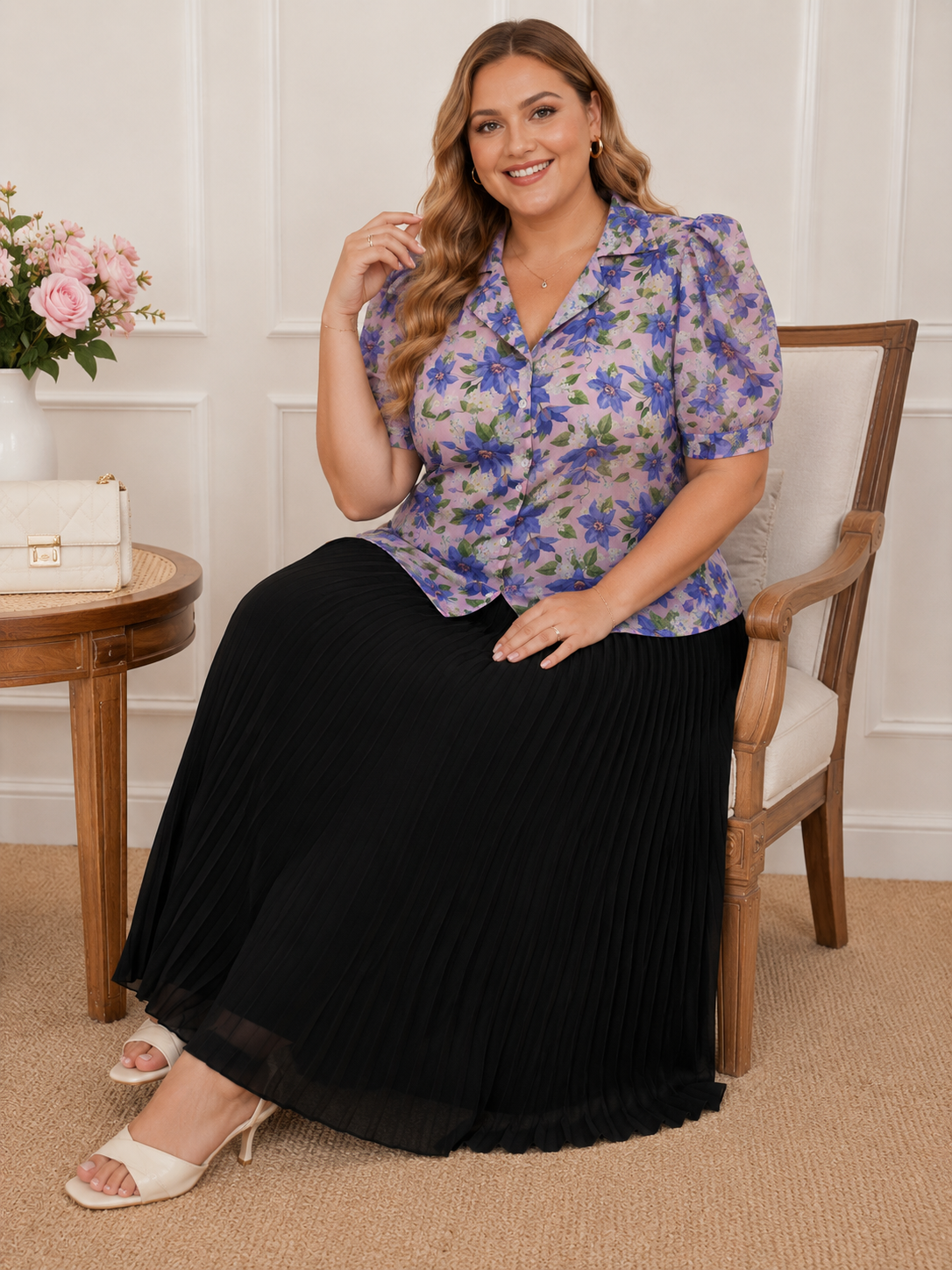 U&F Beyond Purple Floral Printed Shirt & Black Pleated Skirt Plus Size Co-Ord Set