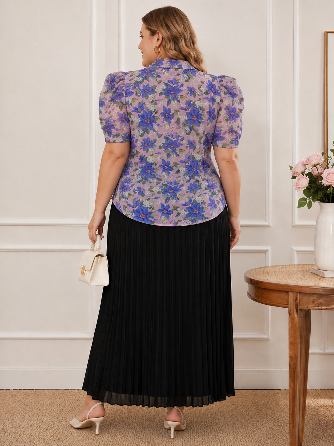 U&F Beyond Purple Floral Printed Shirt & Black Pleated Skirt Plus Size Co-Ord Set