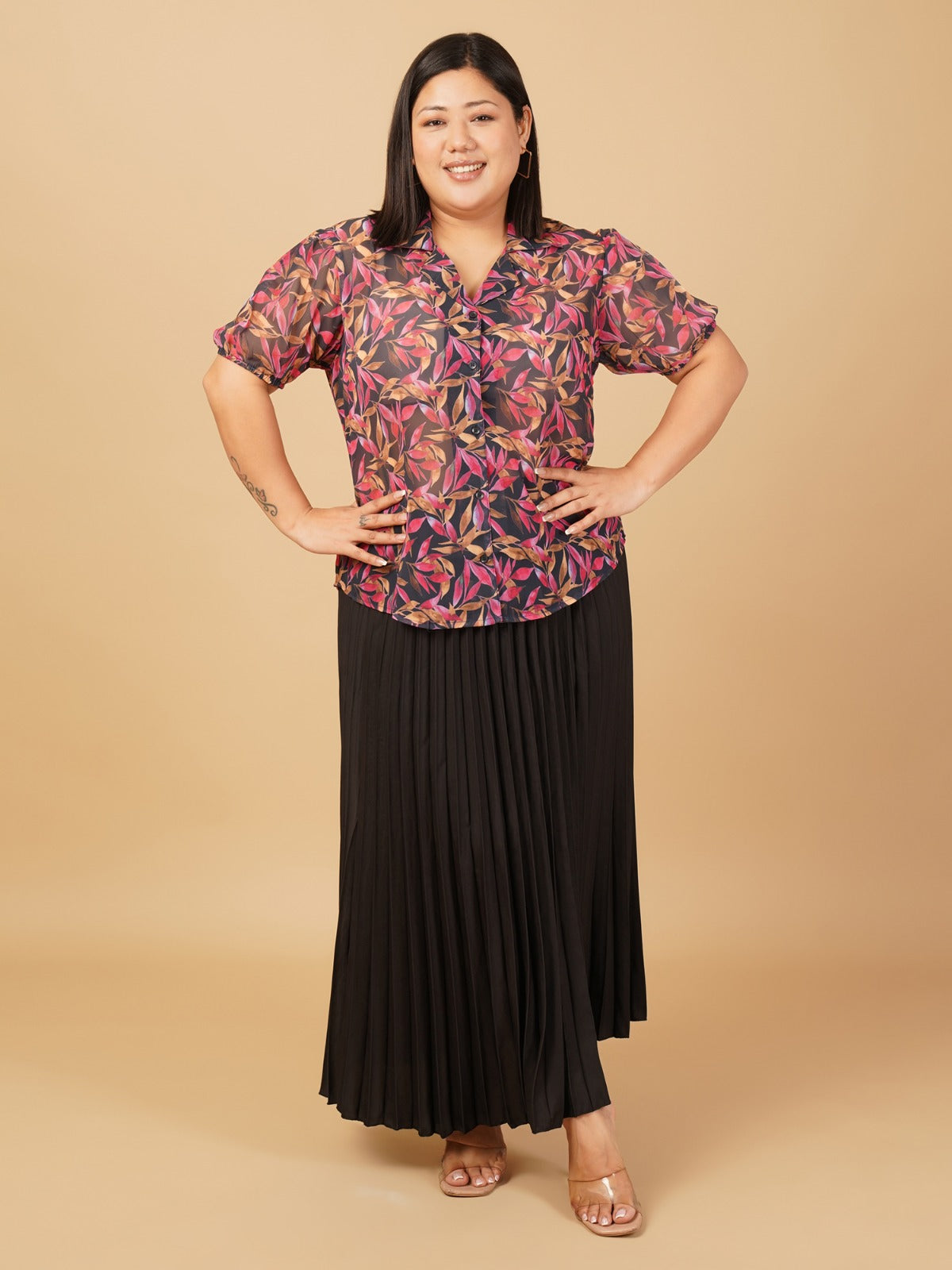 U&F Beyond Multicolour Botanical Printed Georgette Shirt with Black Pleated Maxi Skirt Plus Size Co-Ord Set