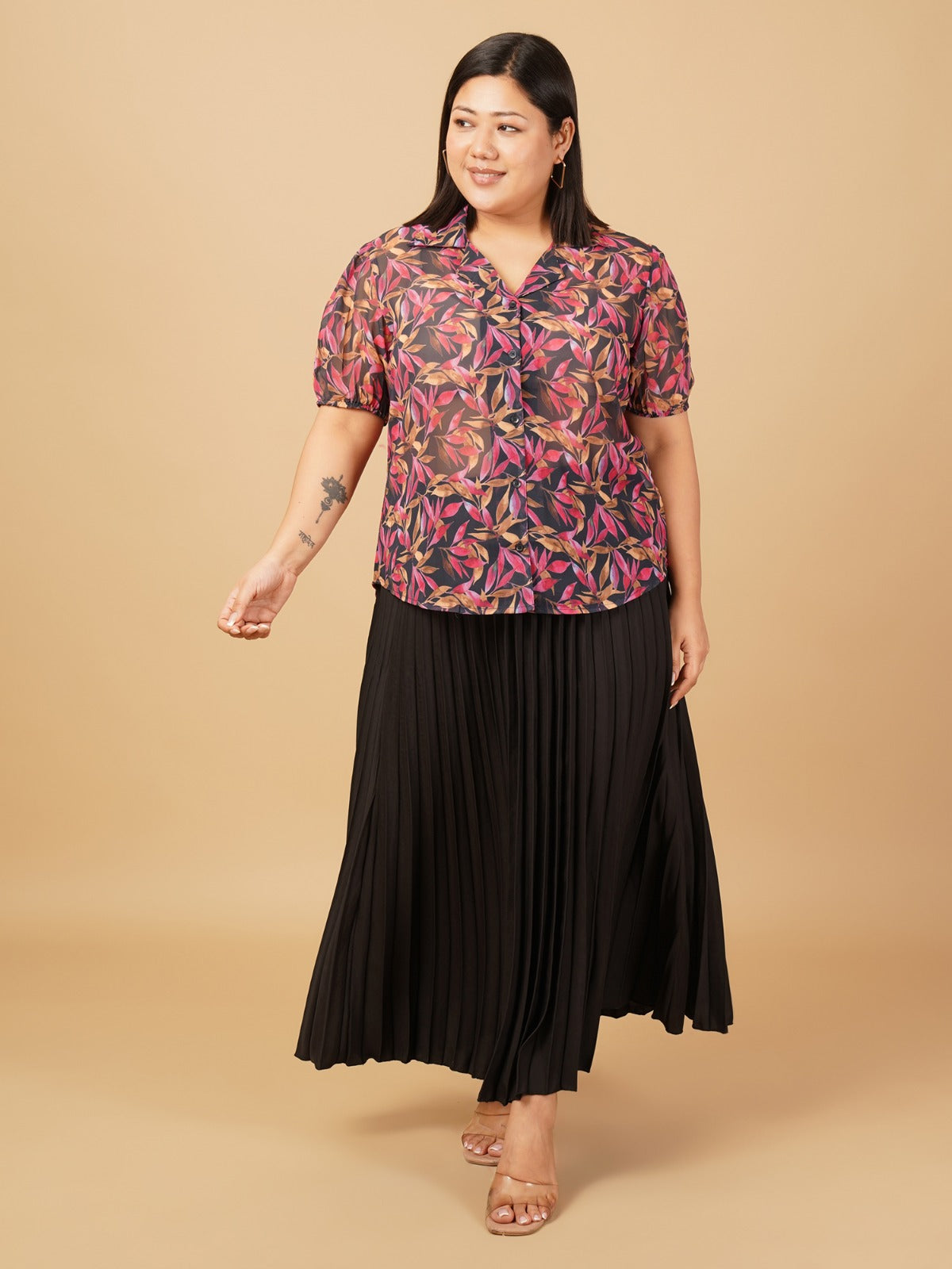 U&F Beyond Multicolour Botanical Printed Georgette Shirt with Black Pleated Maxi Skirt Plus Size Co-Ord Set