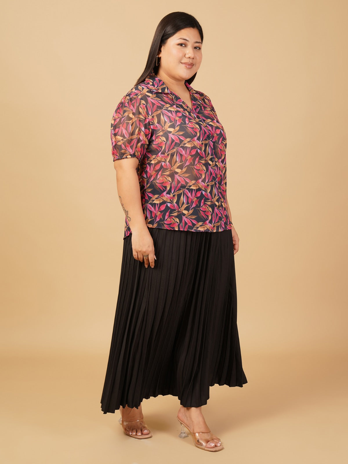 U&F Beyond Multicolour Botanical Printed Georgette Shirt with Black Pleated Maxi Skirt Plus Size Co-Ord Set