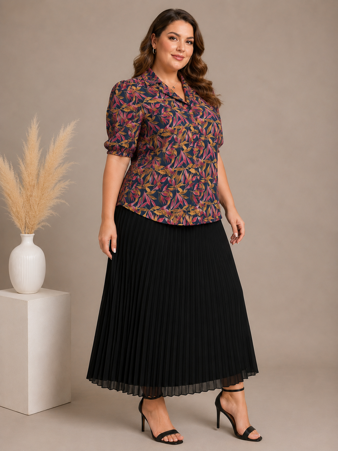 U&F Beyond Multicolour Botanical Printed Shirt with Black Pleated Maxi Skirt Plus Size Co-Ord Set