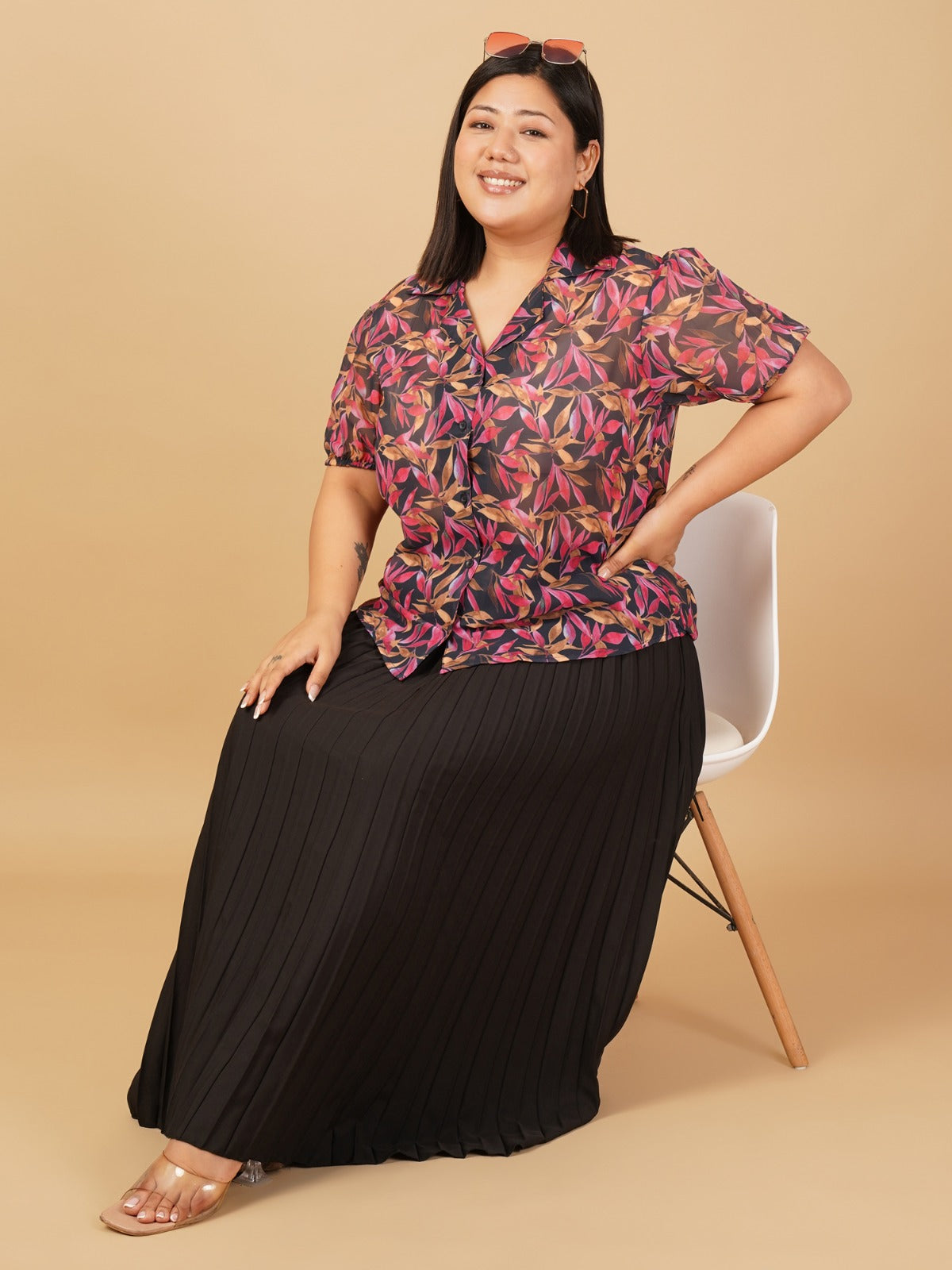 U&F Beyond Multicolour Botanical Printed Georgette Shirt with Black Pleated Maxi Skirt Plus Size Co-Ord Set