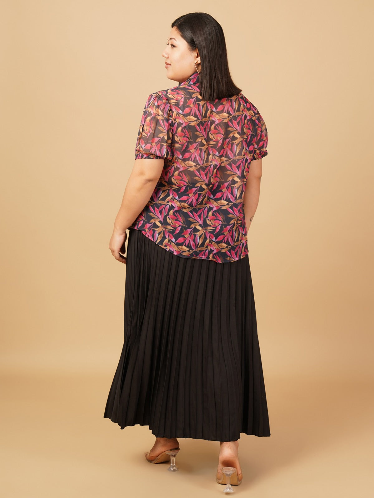 U&F Beyond Multicolour Botanical Printed Georgette Shirt with Black Pleated Maxi Skirt Plus Size Co-Ord Set