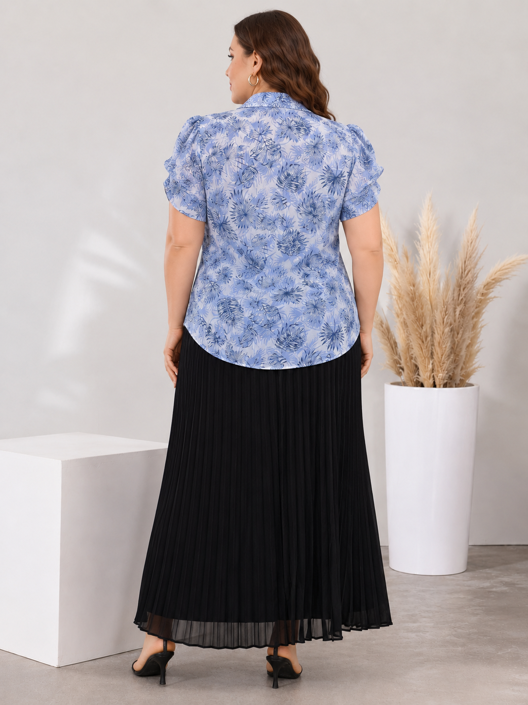 U&F Beyond Blue Tropical Printed Shirt with Black Pleated Maxi Skirt Plus Size Co-Ord Set